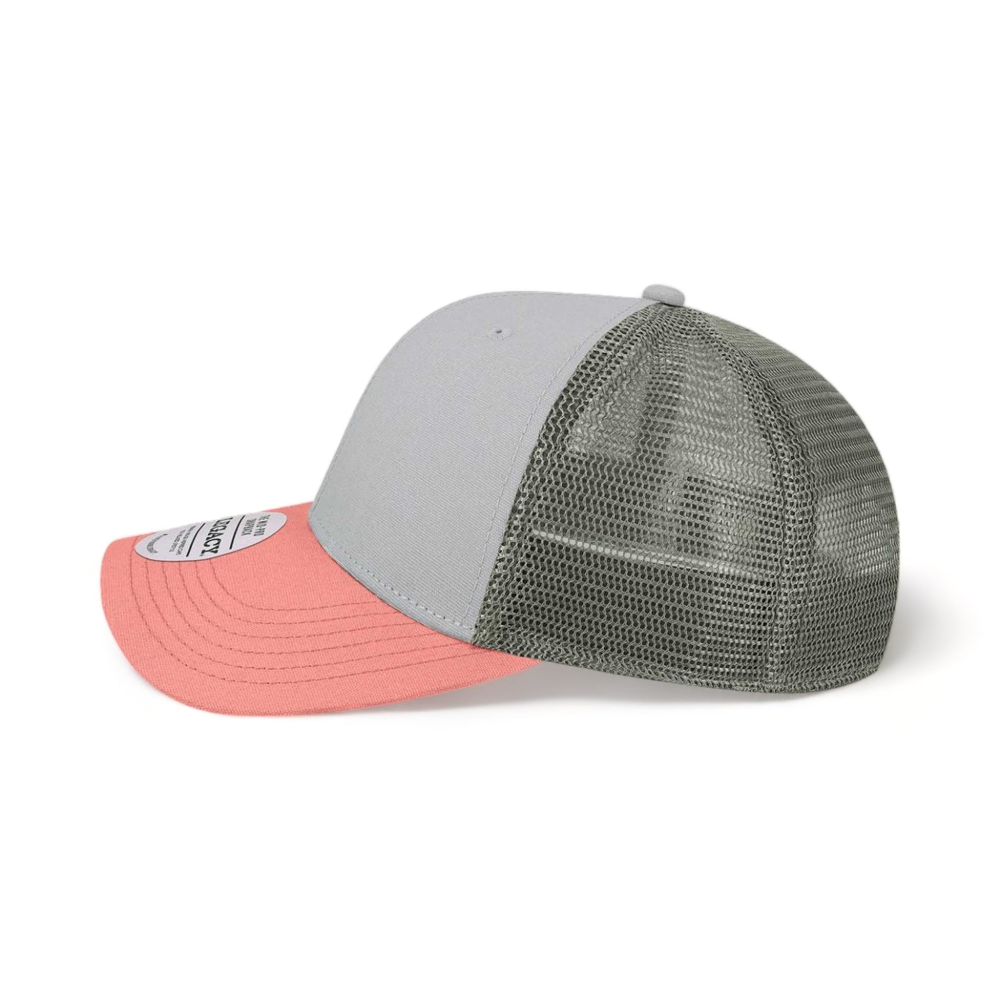Side view of LEGACY MPS custom hat in light grey, salmon and dark grey