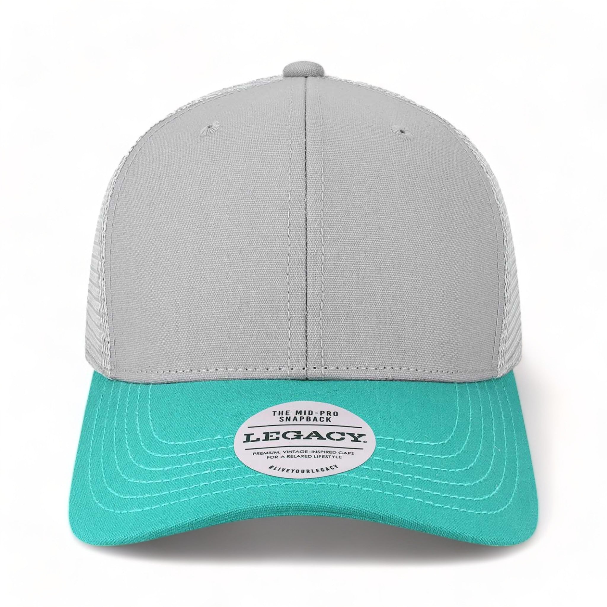 Front view of LEGACY MPS custom hat in light grey, seafoam and silver
