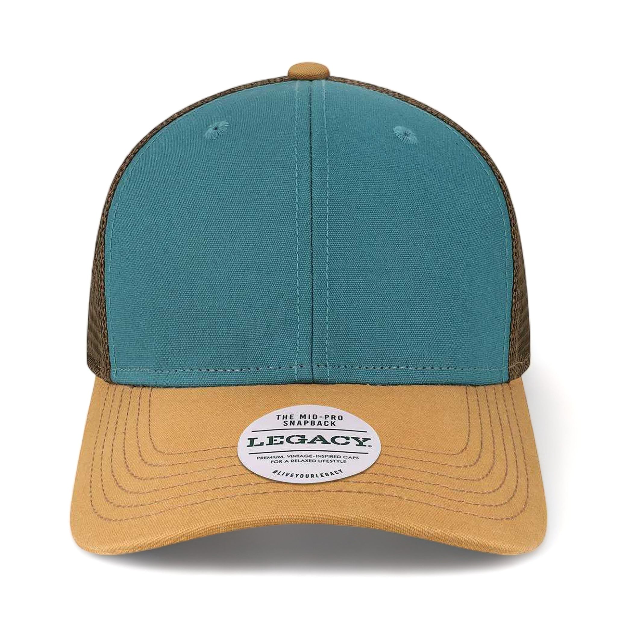 Front view of LEGACY MPS custom hat in marine, camel and brown