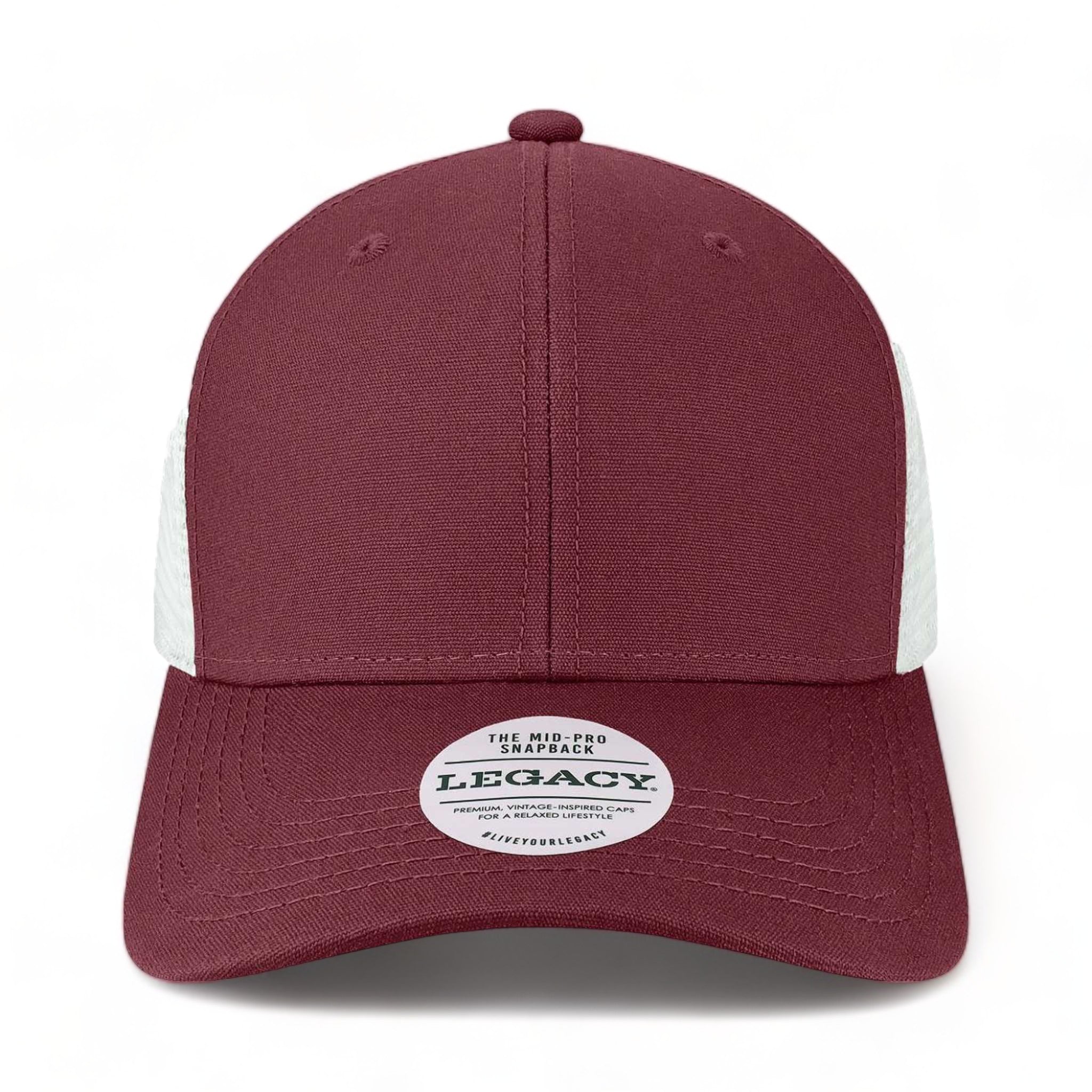 Front view of LEGACY MPS custom hat in maroon and white