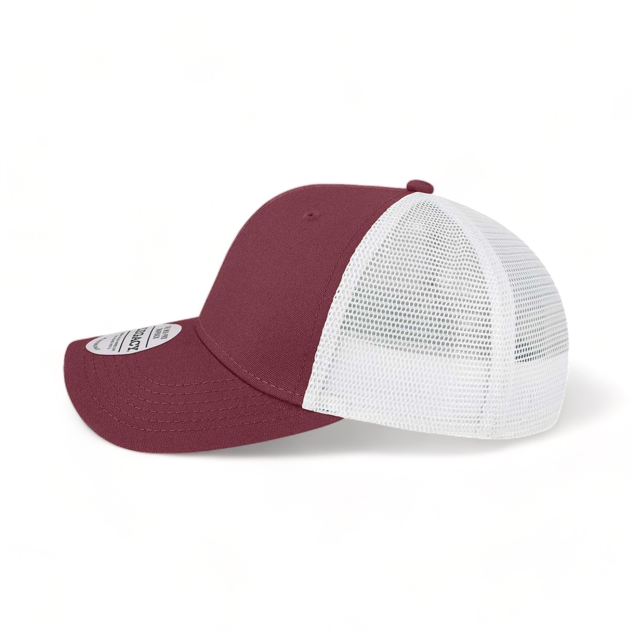 Side view of LEGACY MPS custom hat in maroon and white