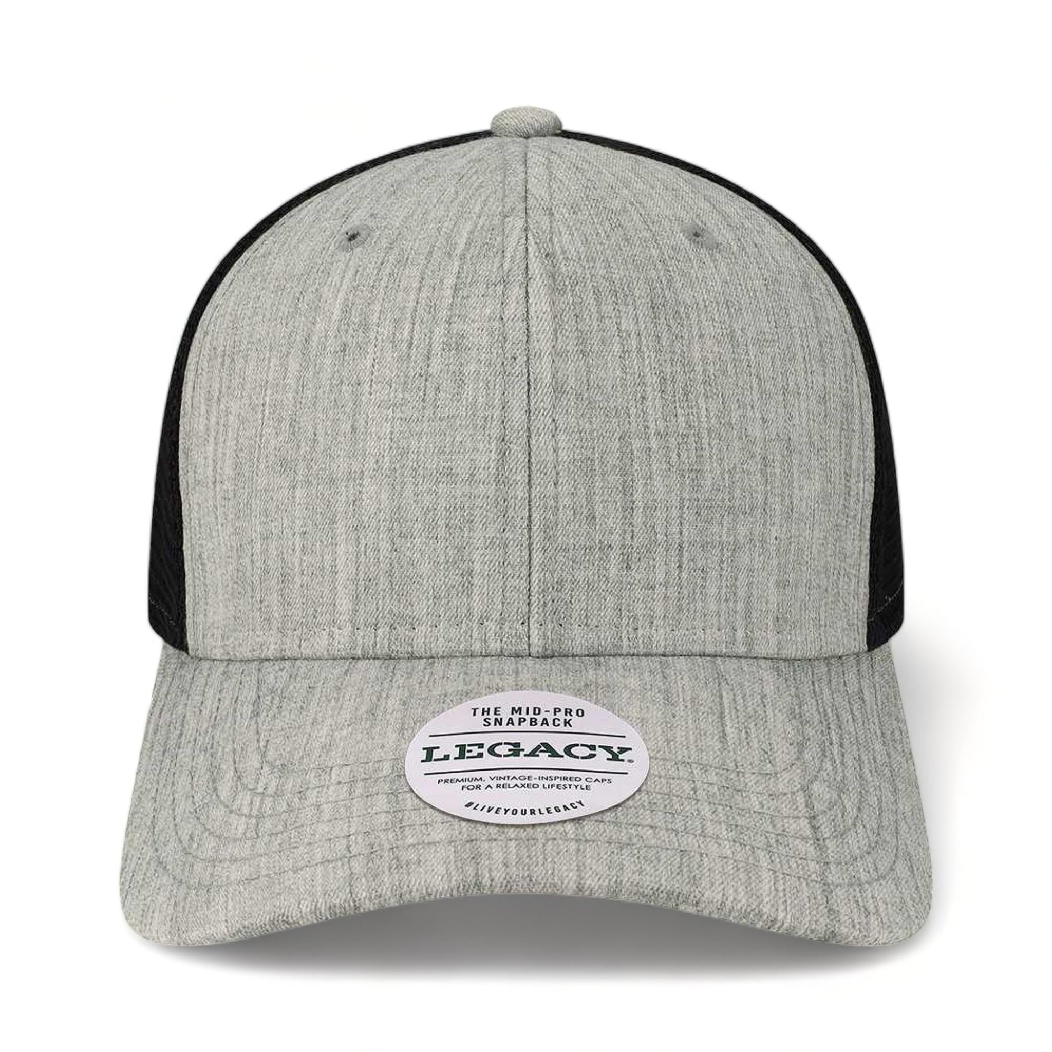 Front view of LEGACY MPS custom hat in mélange grey and black