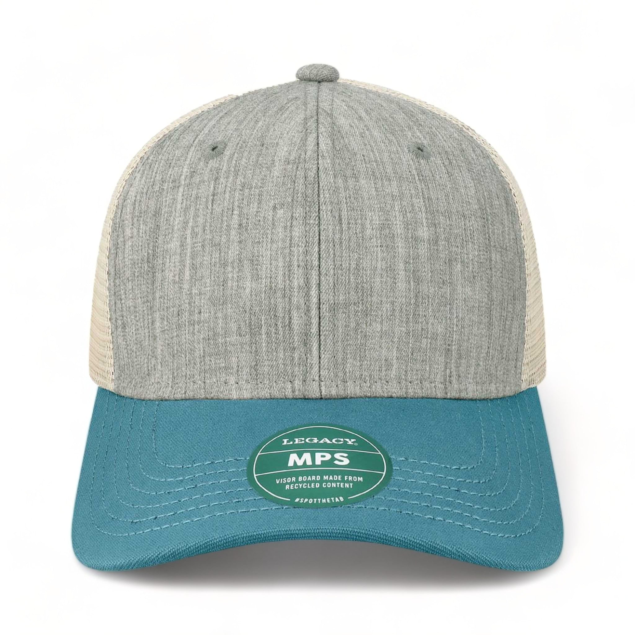 Front view of LEGACY MPS custom hat in mélange grey, pacific blue and stone