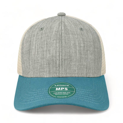 Front view of LEGACY MPS custom hat in mélange grey, pacific blue and stone