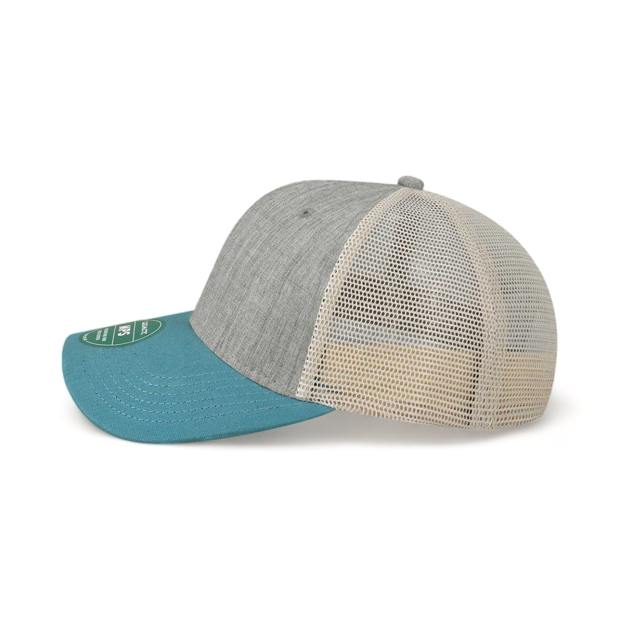 Side view of LEGACY MPS custom hat in mélange grey, pacific blue and stone