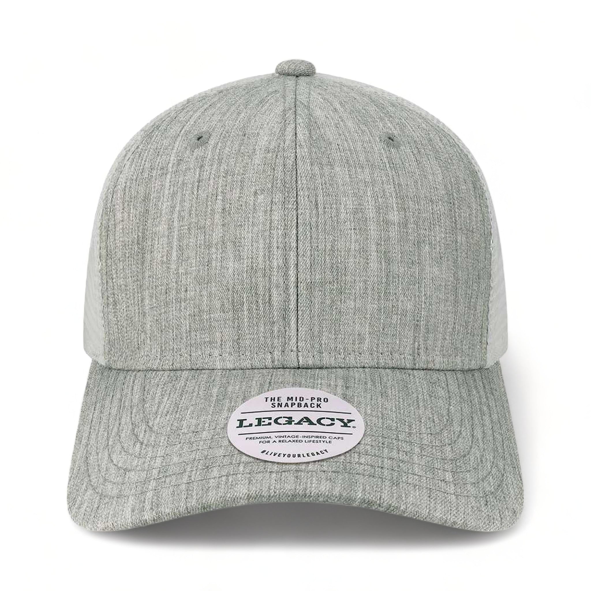 Front view of LEGACY MPS custom hat in mélange grey and white