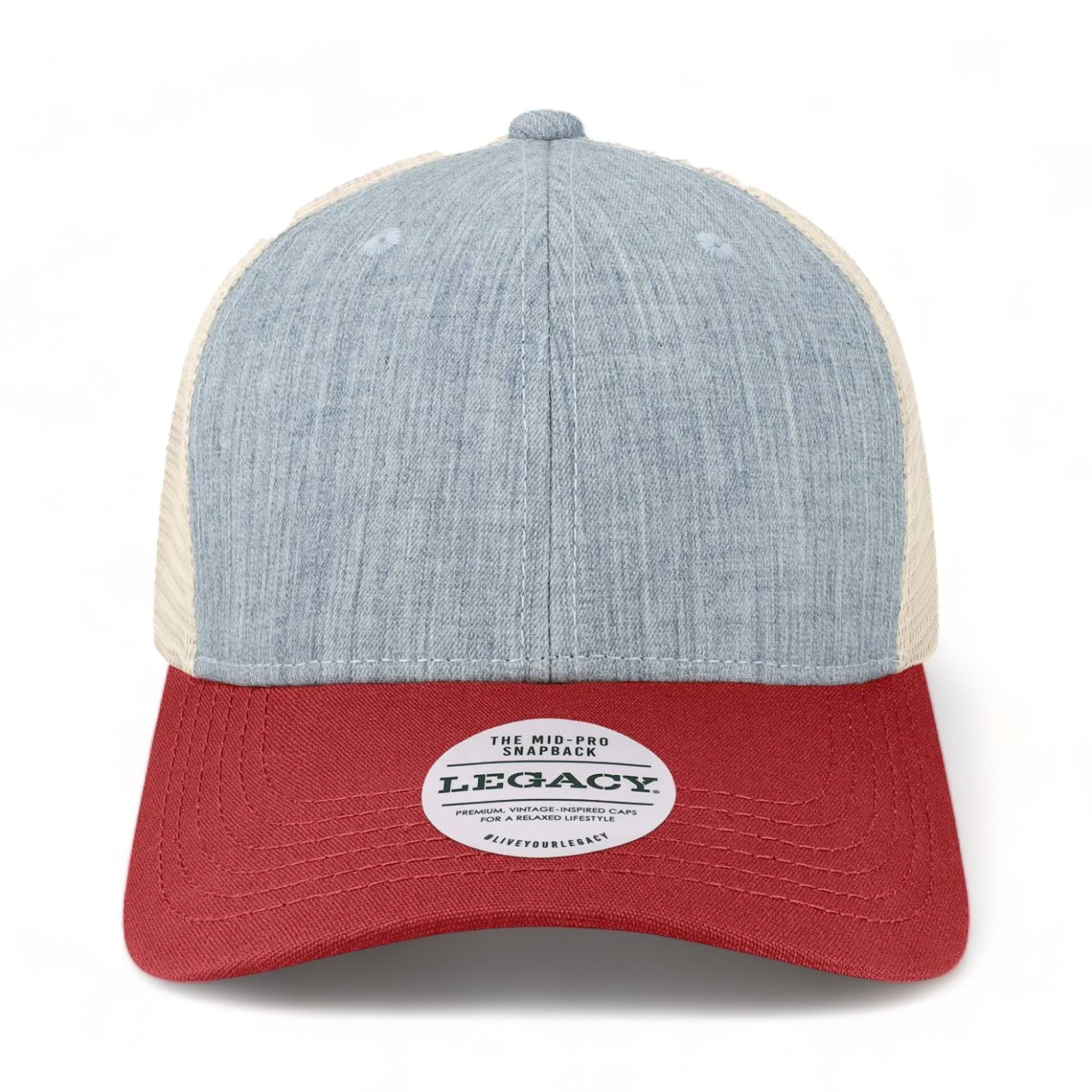 Front view of LEGACY MPS custom hat in mélange light blue, cardinal and stone