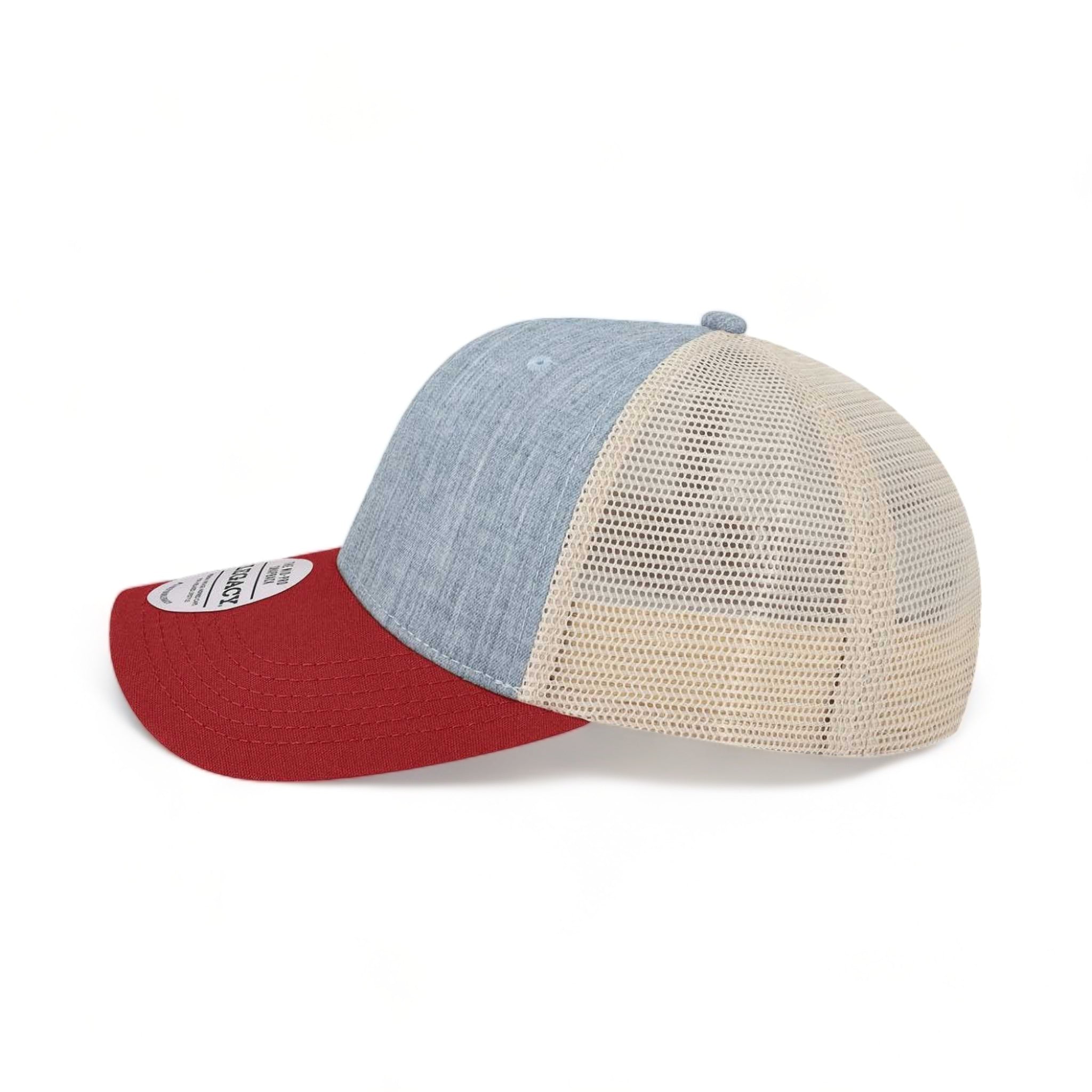 Side view of LEGACY MPS custom hat in mélange light blue, cardinal and stone