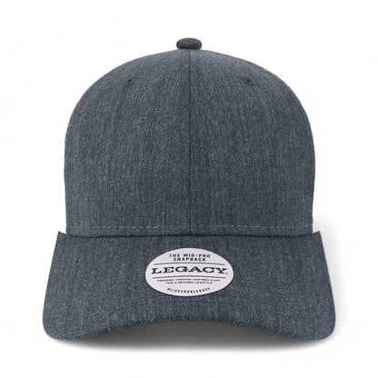 Front view of LEGACY MPS custom hat in mélange navy and white