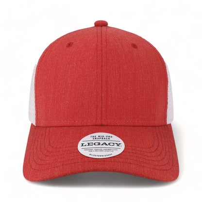 Front view of LEGACY MPS custom hat in mélange scarlet and white