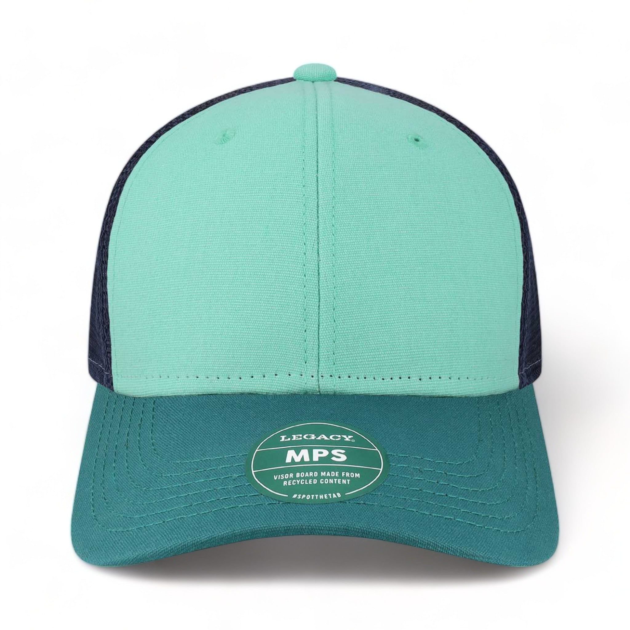 Front view of LEGACY MPS custom hat in mint, marine and navy