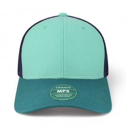 Front view of LEGACY MPS custom hat in mint, marine and navy