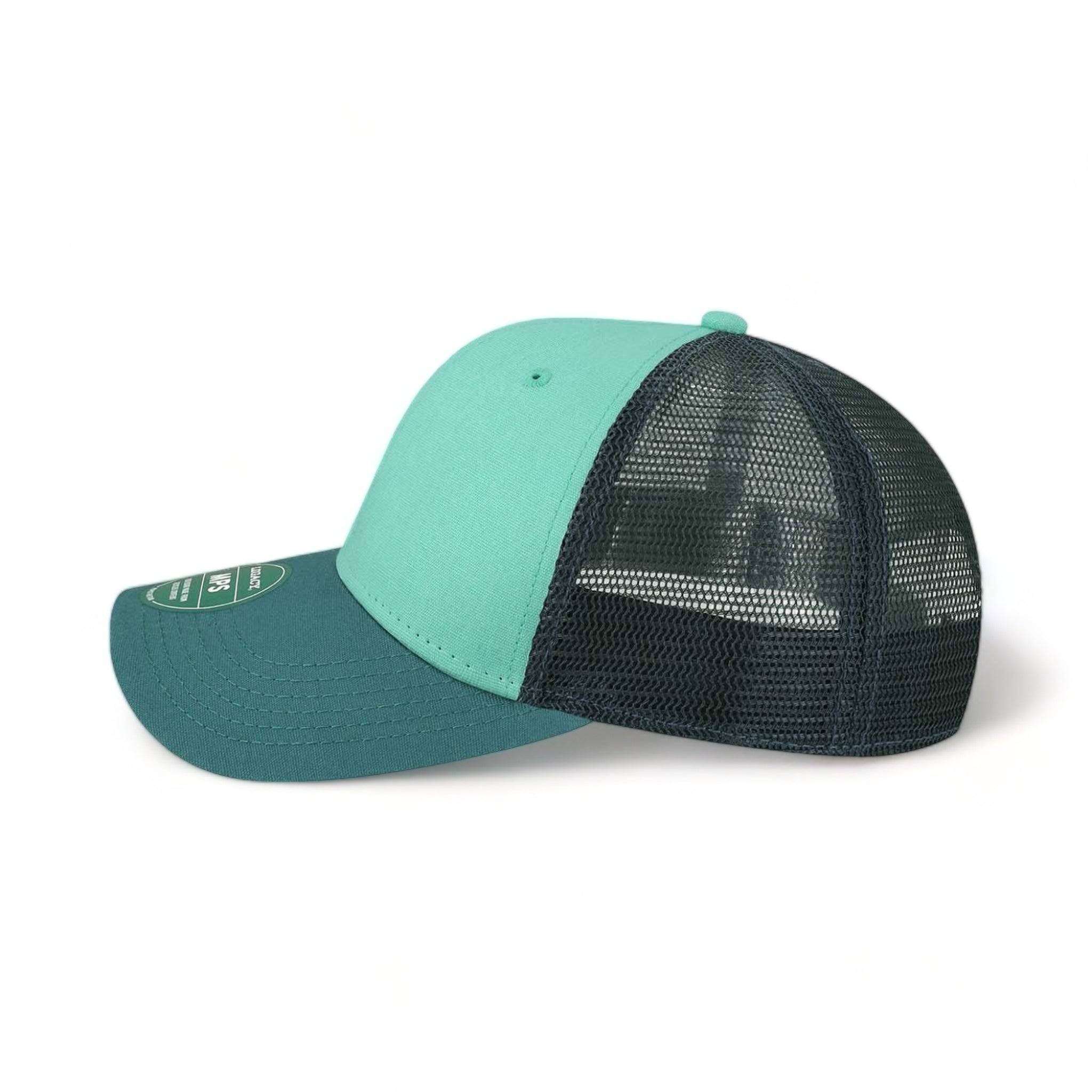 Side view of LEGACY MPS custom hat in mint, marine and navy