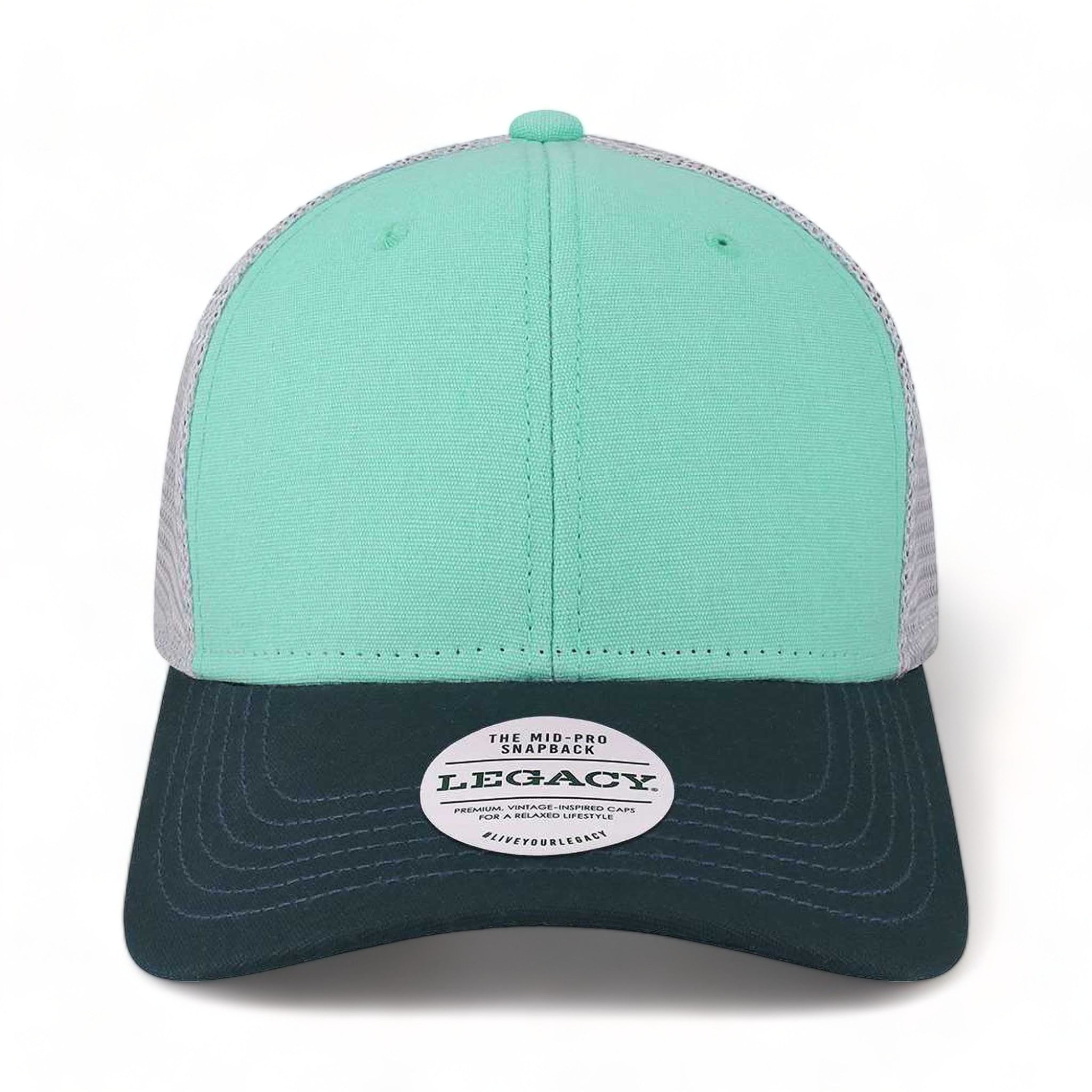 Front view of LEGACY MPS custom hat in mint, navy and silver