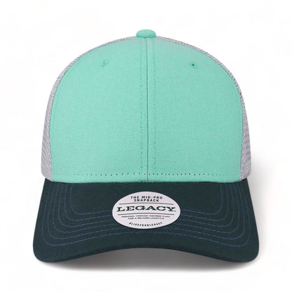 Front view of LEGACY MPS custom hat in mint, navy and silver