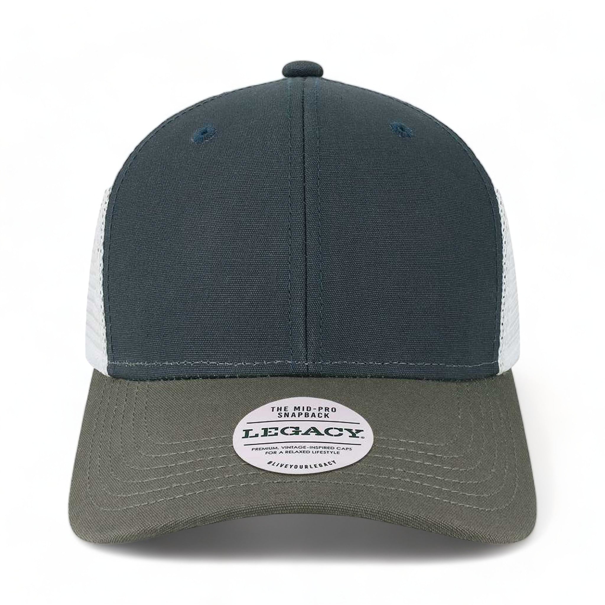 Front view of LEGACY MPS custom hat in navy, dark grey and silver