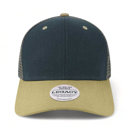 Front view of LEGACY MPS custom hat in navy, vegas and dark grey