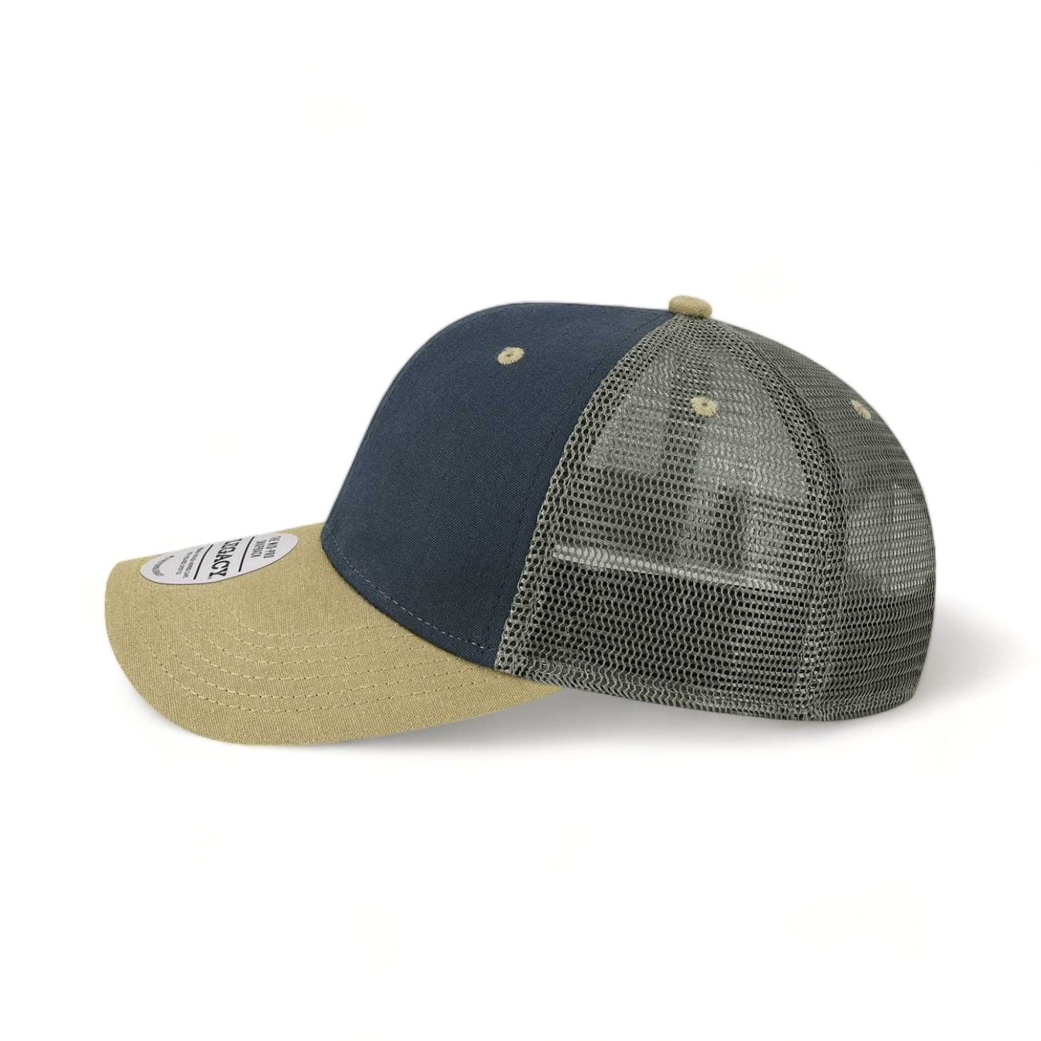 Side view of LEGACY MPS custom hat in navy, vegas and dark grey