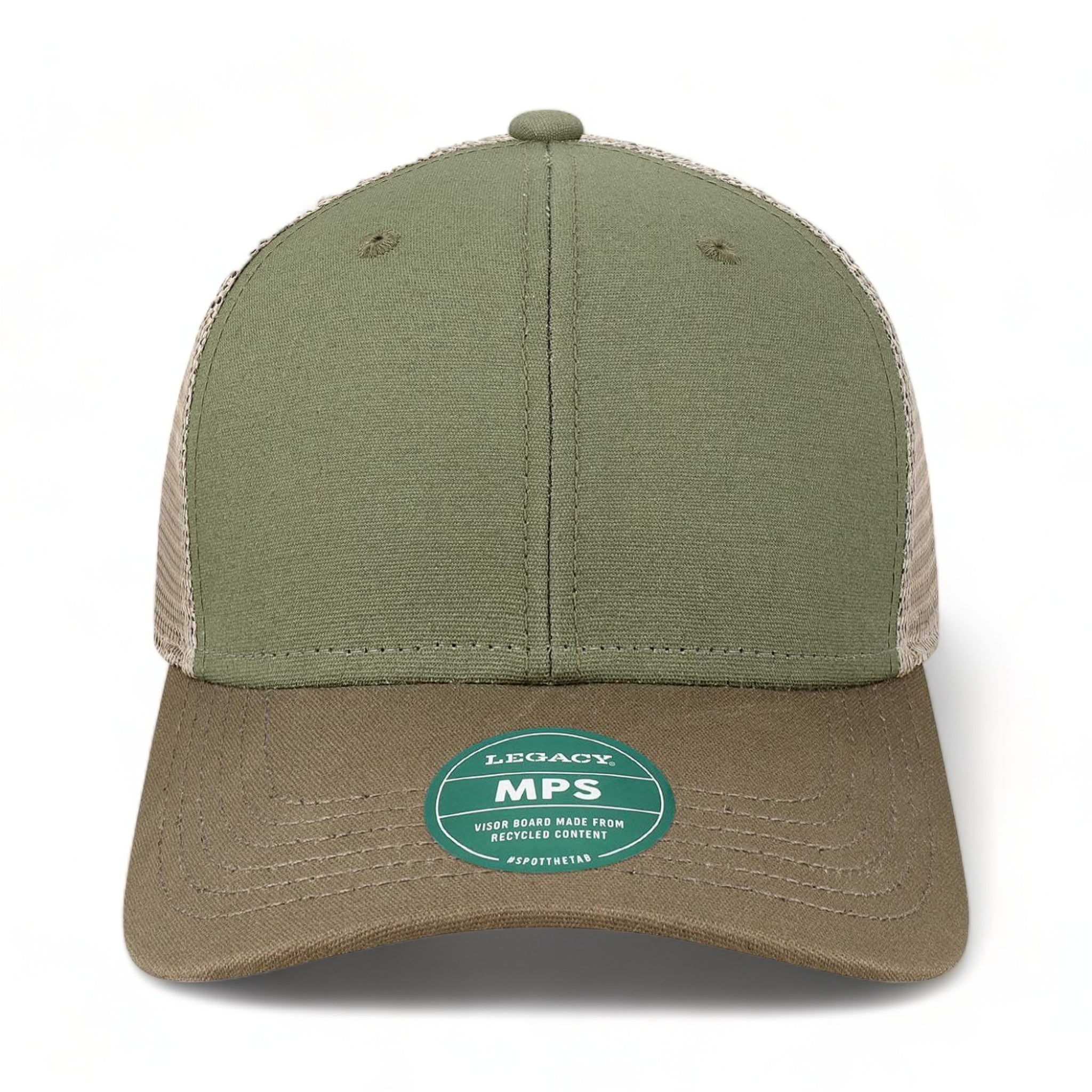 Front view of LEGACY MPS custom hat in olive, dark olive and dark khaki