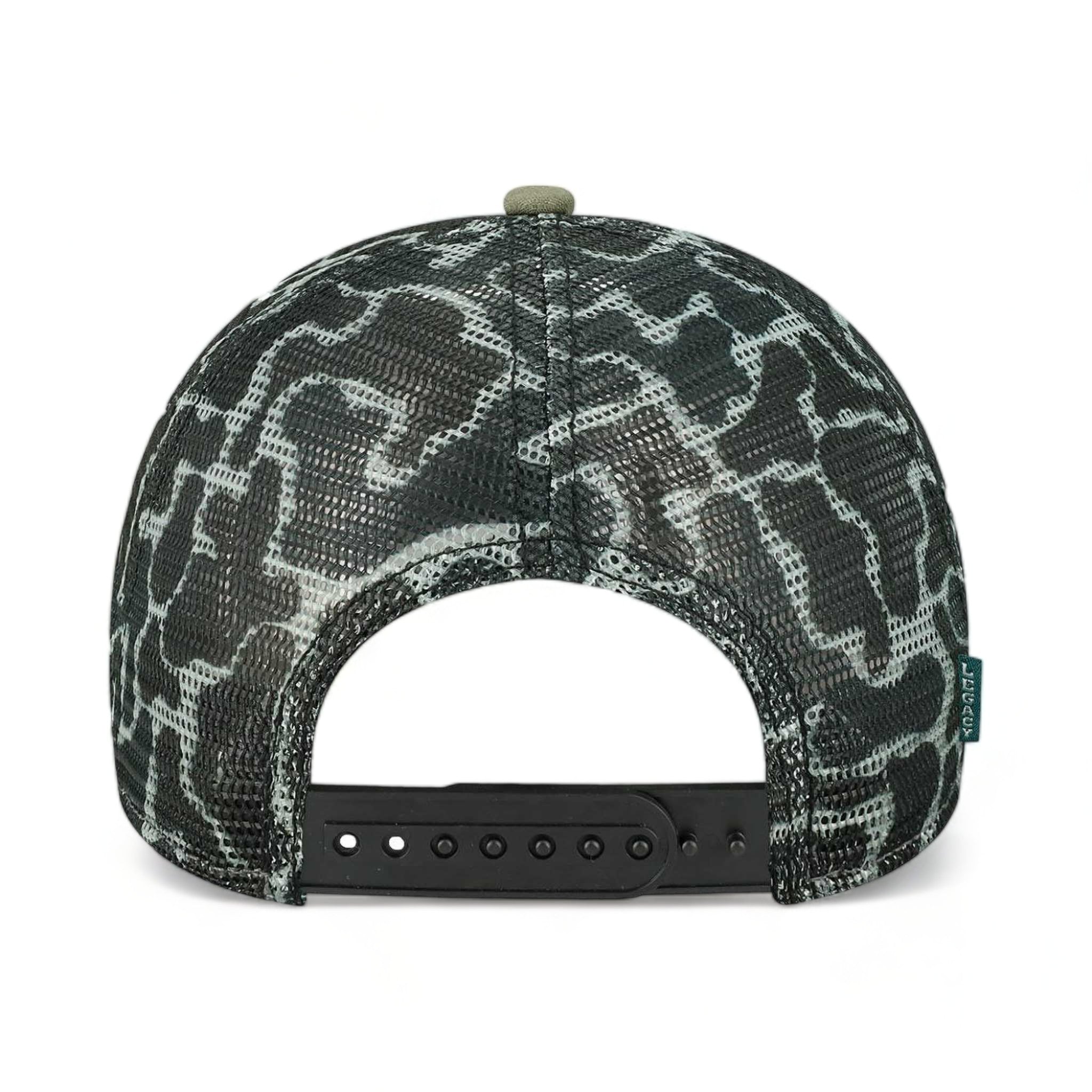 Back view of LEGACY MPS custom hat in olive, grey and grey camo