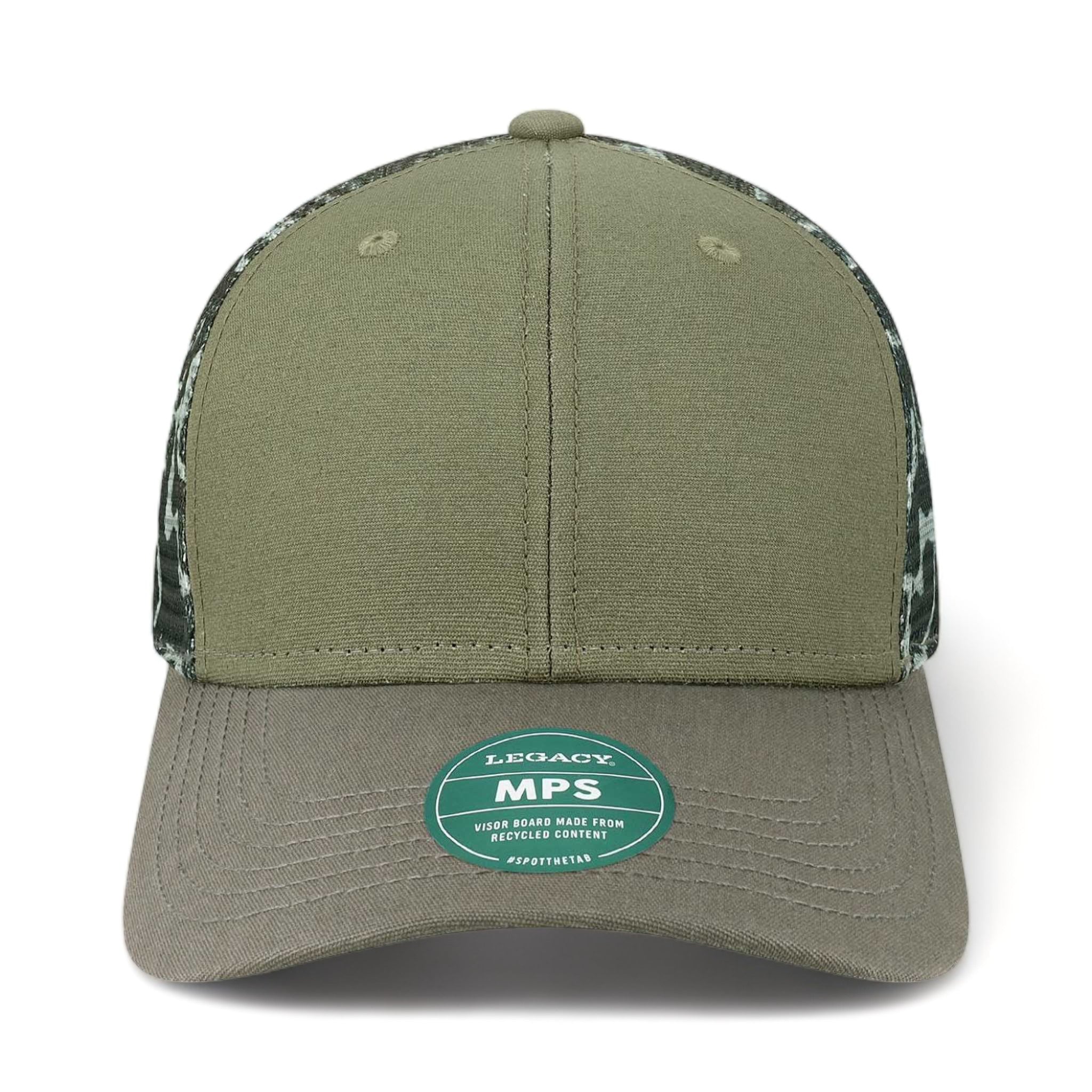 Front view of LEGACY MPS custom hat in olive, grey and grey camo