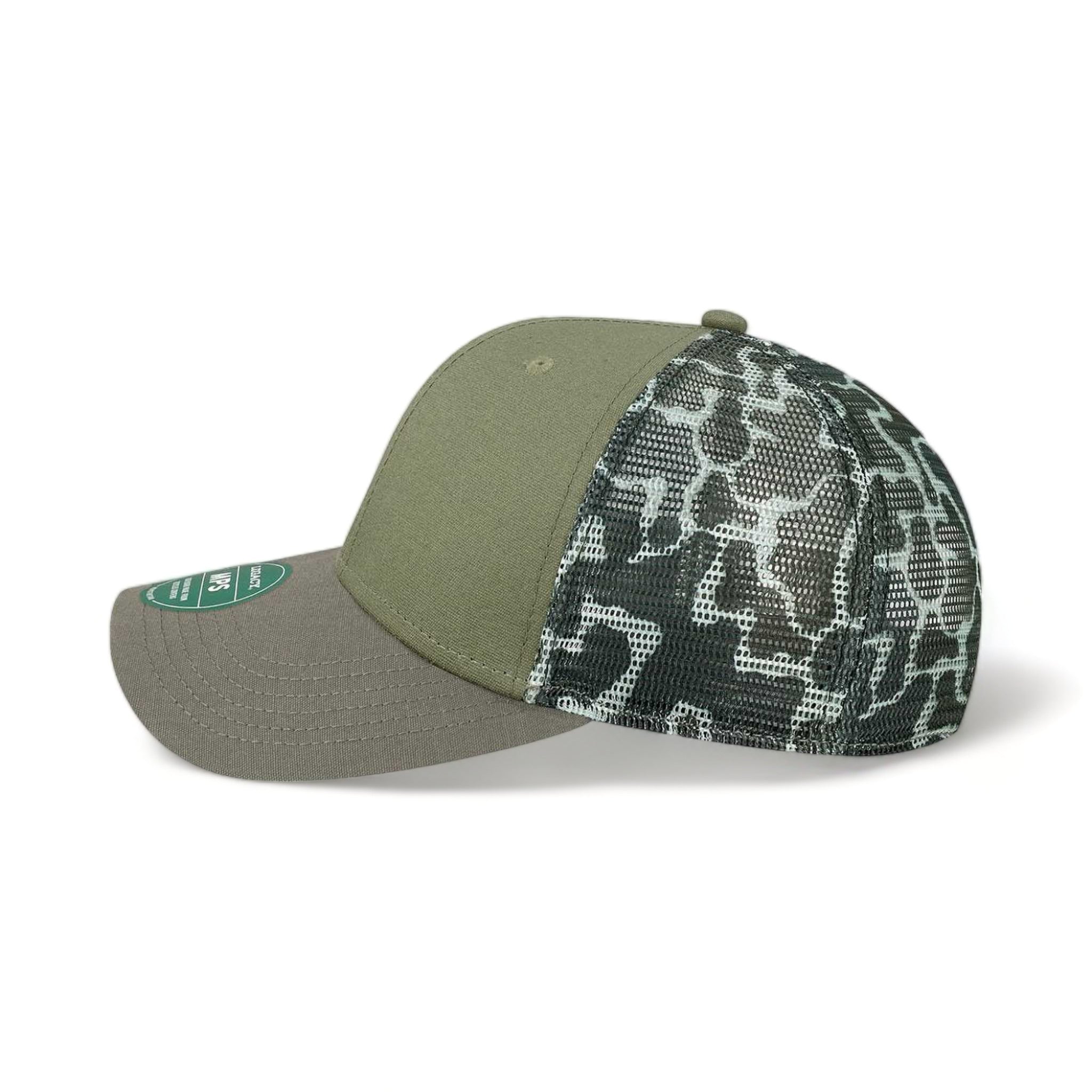 Side view of LEGACY MPS custom hat in olive, grey and grey camo
