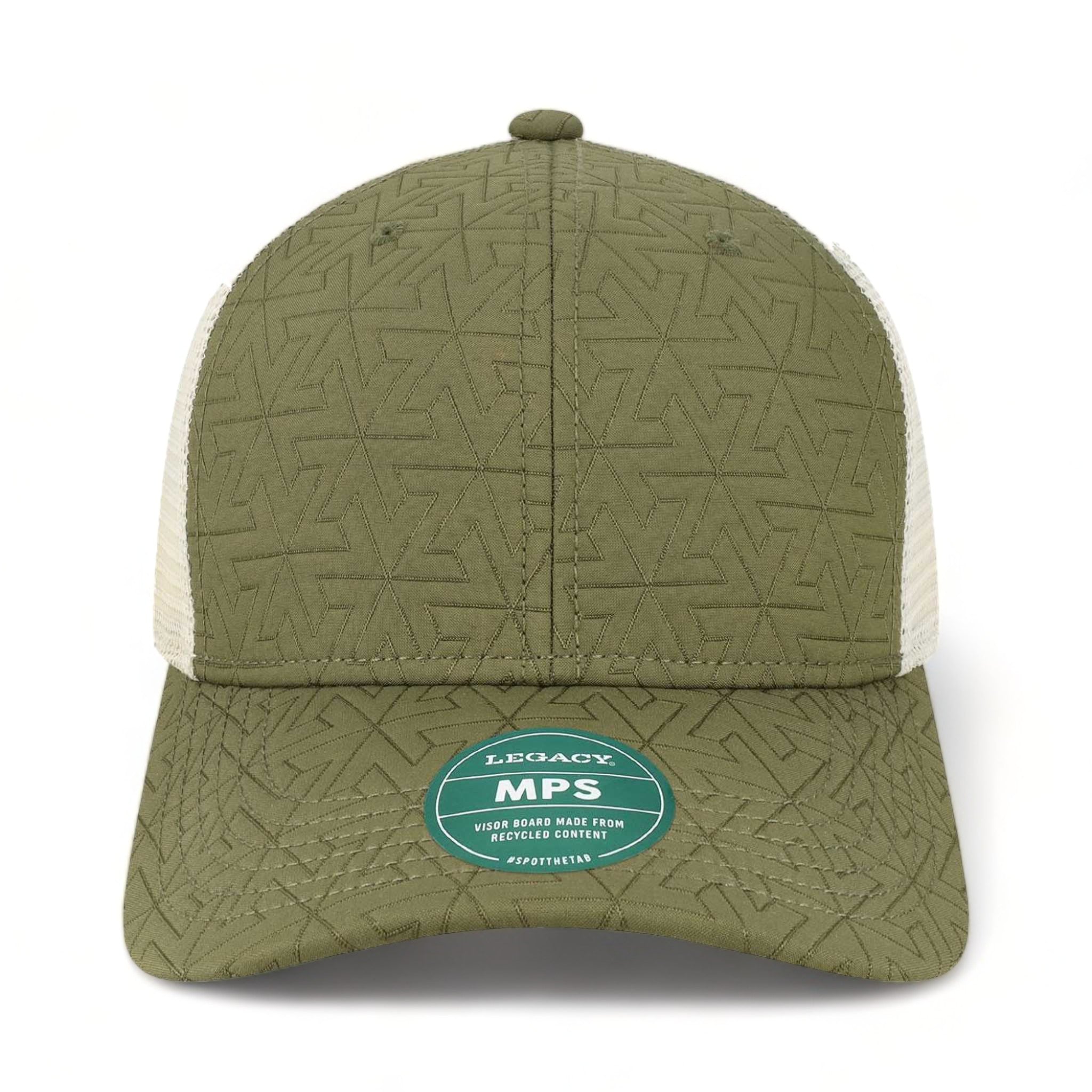 Front view of LEGACY MPS custom hat in olive z - quilted