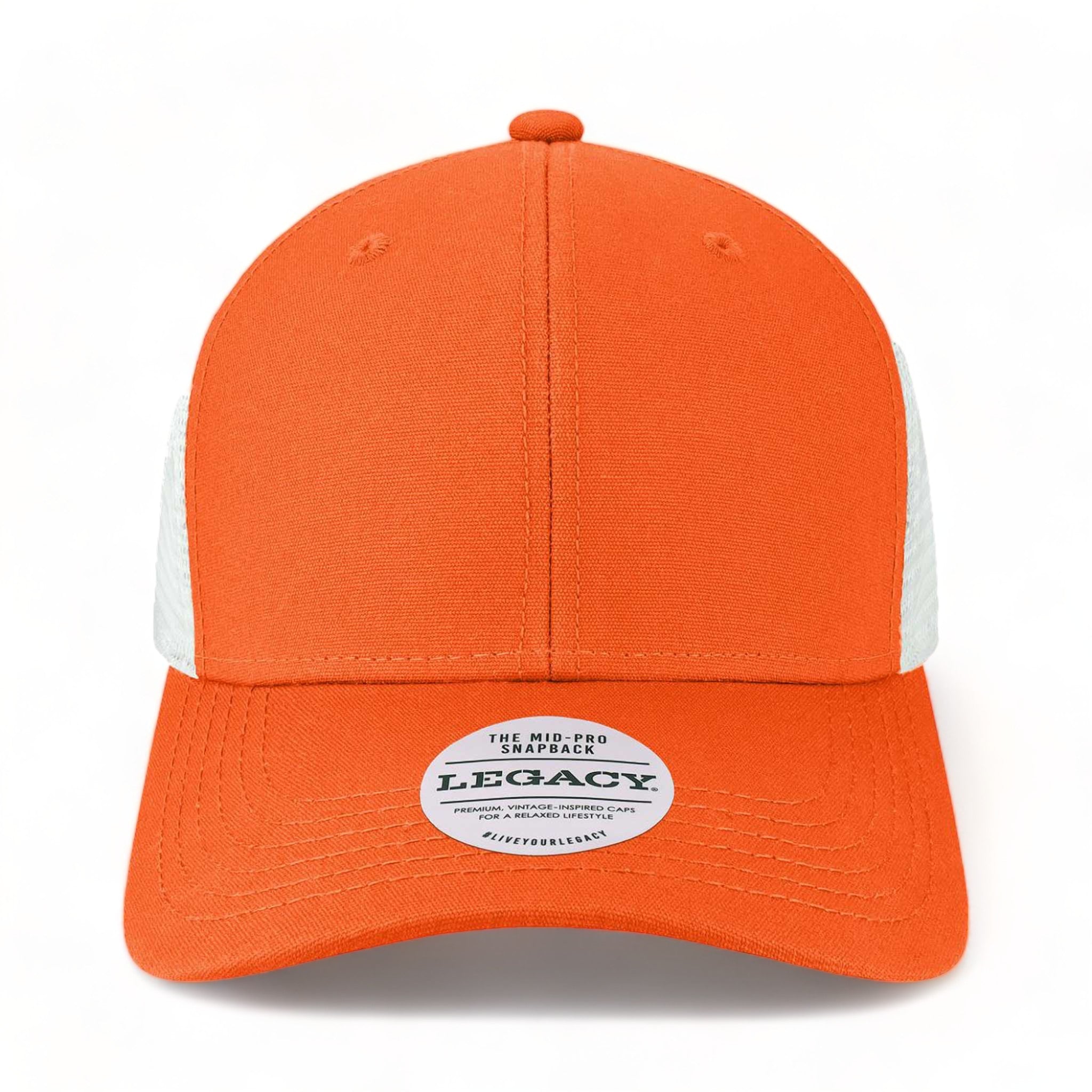 Front view of LEGACY MPS custom hat in orange and white