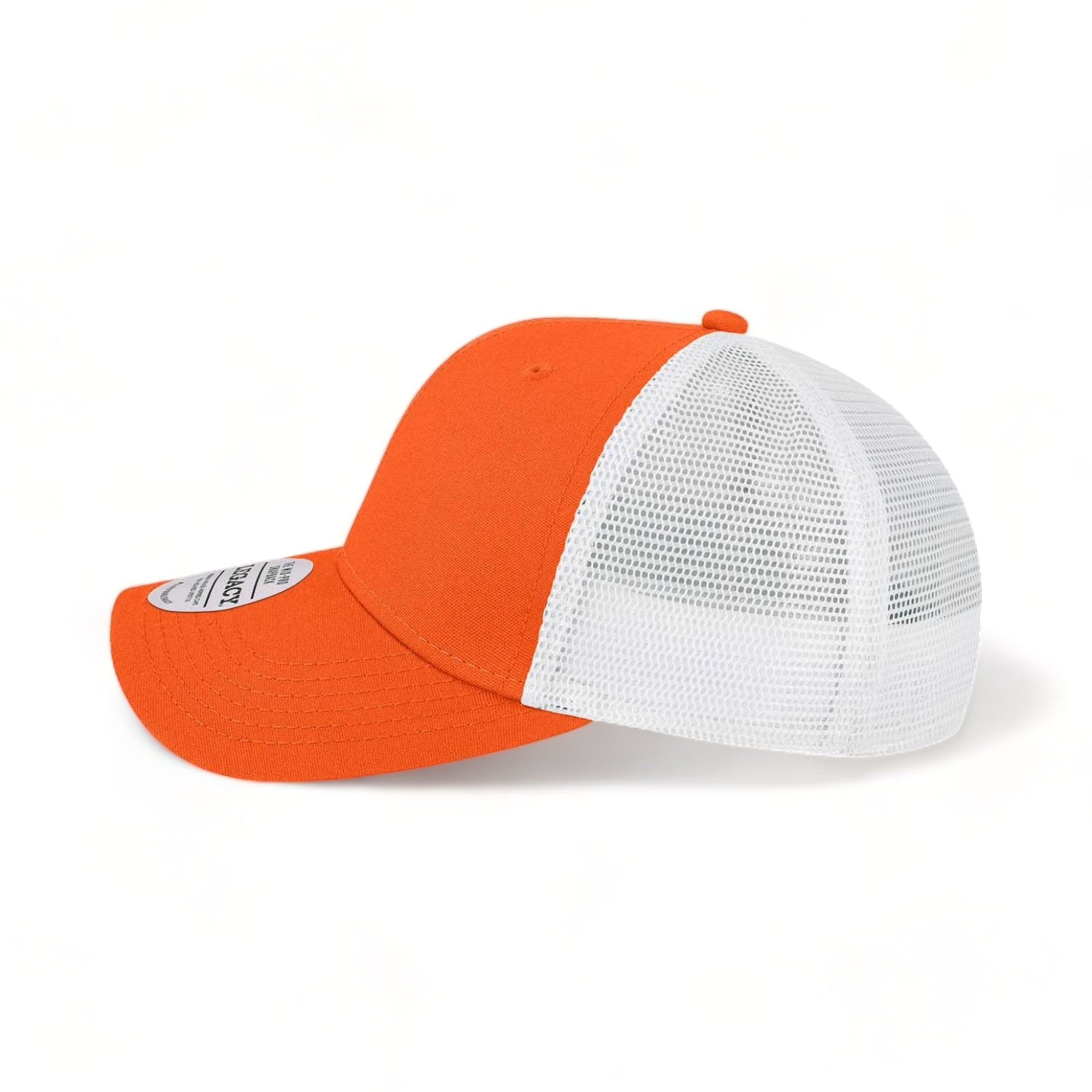 Side view of LEGACY MPS custom hat in orange and white