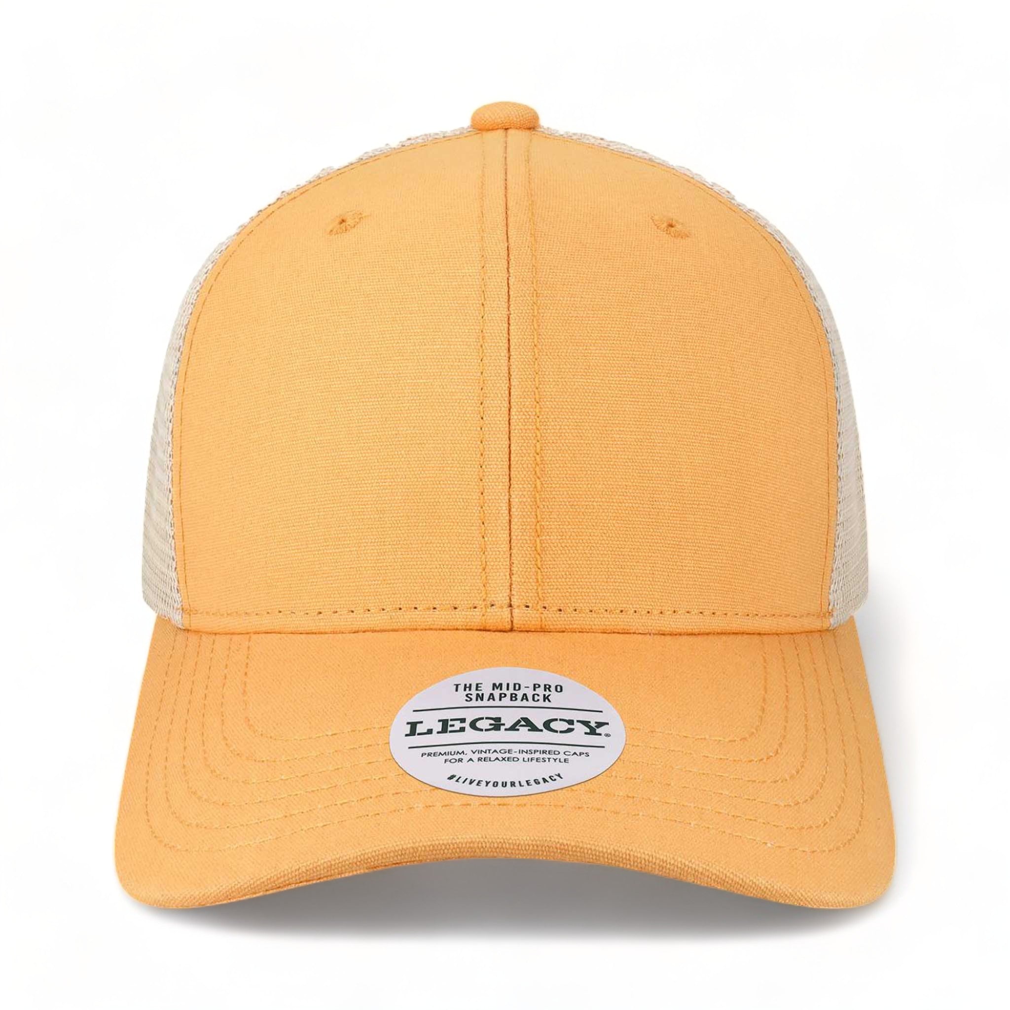Front view of LEGACY MPS custom hat in peach and stone