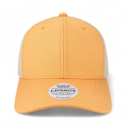 Front view of LEGACY MPS custom hat in peach and stone