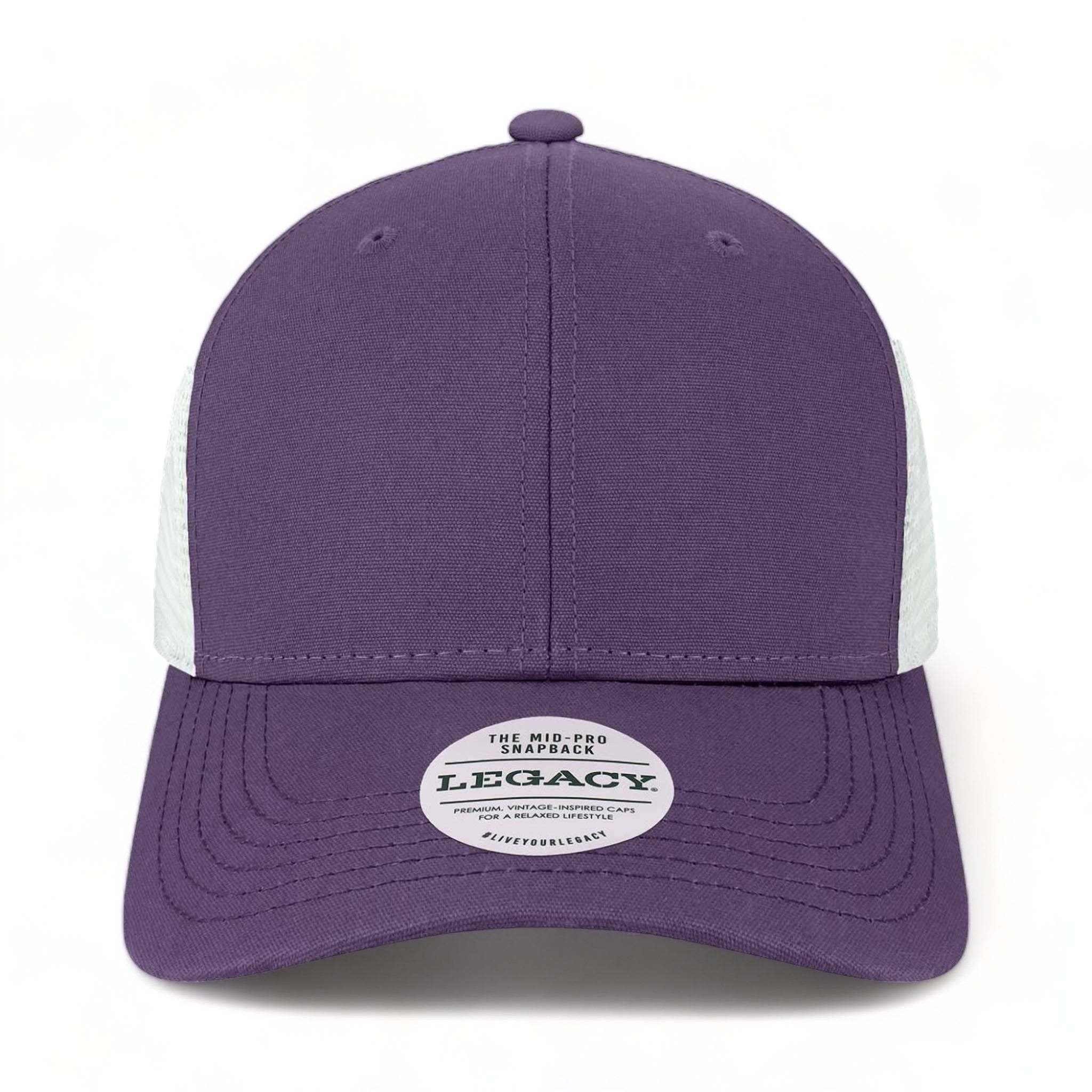 Front view of LEGACY MPS custom hat in purple and white