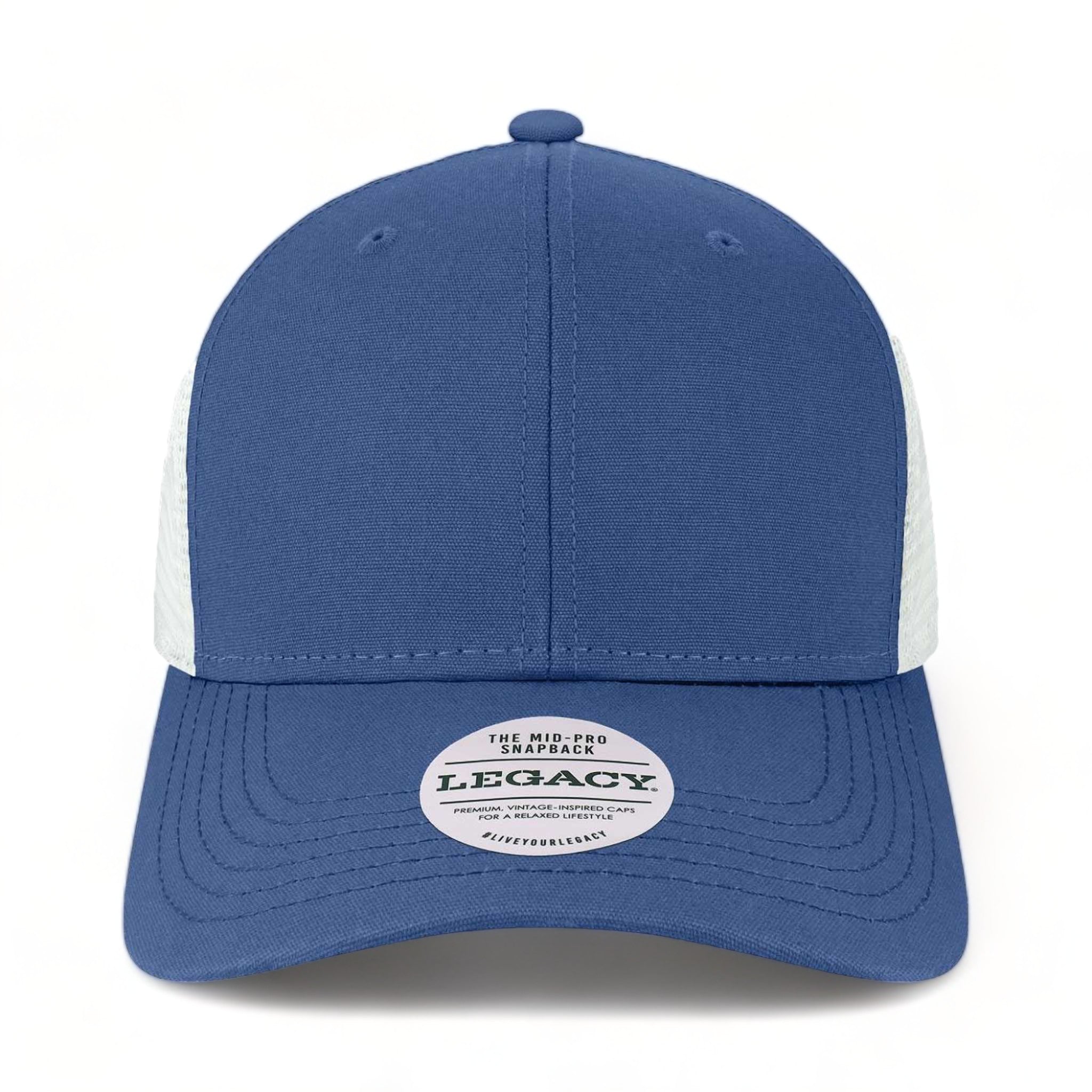 Front view of LEGACY MPS custom hat in royal and white