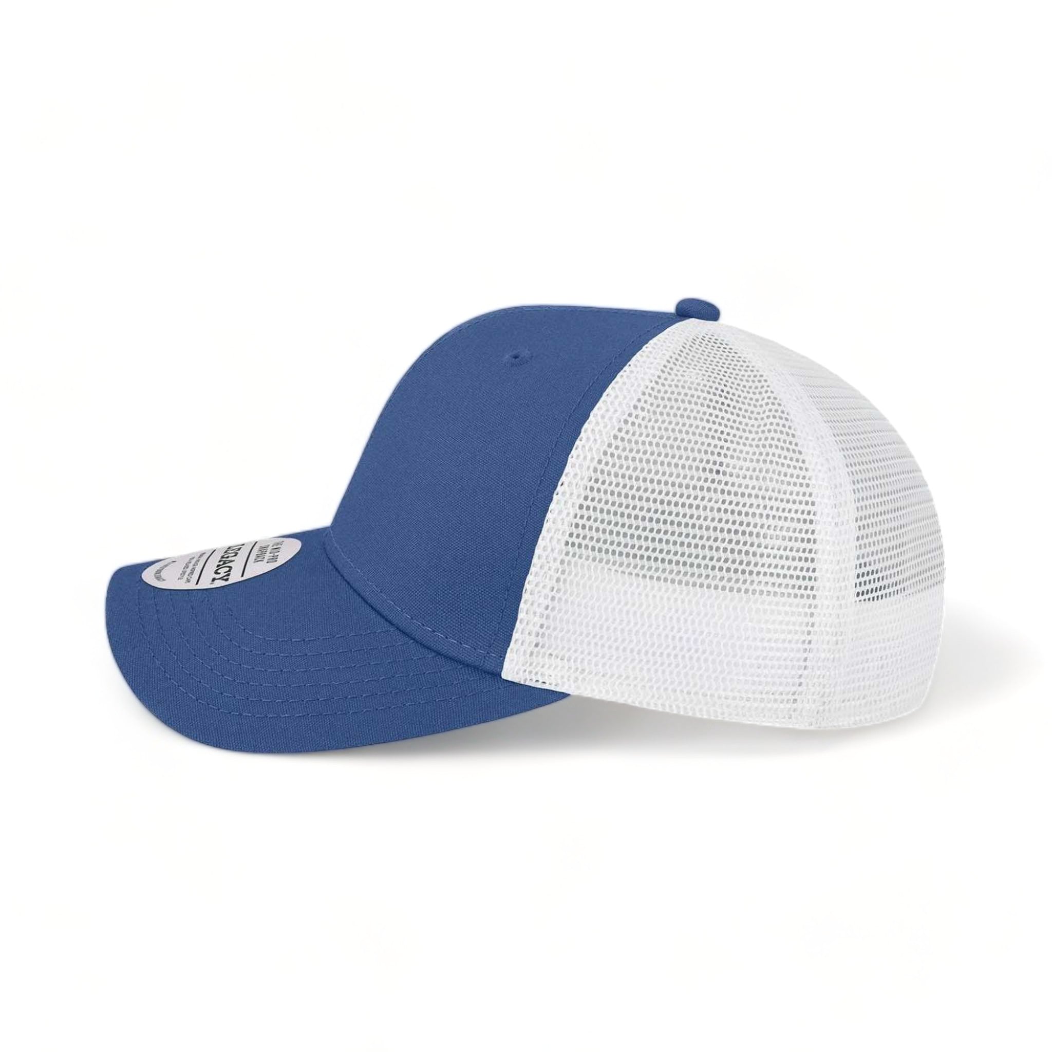 Side view of LEGACY MPS custom hat in royal and white