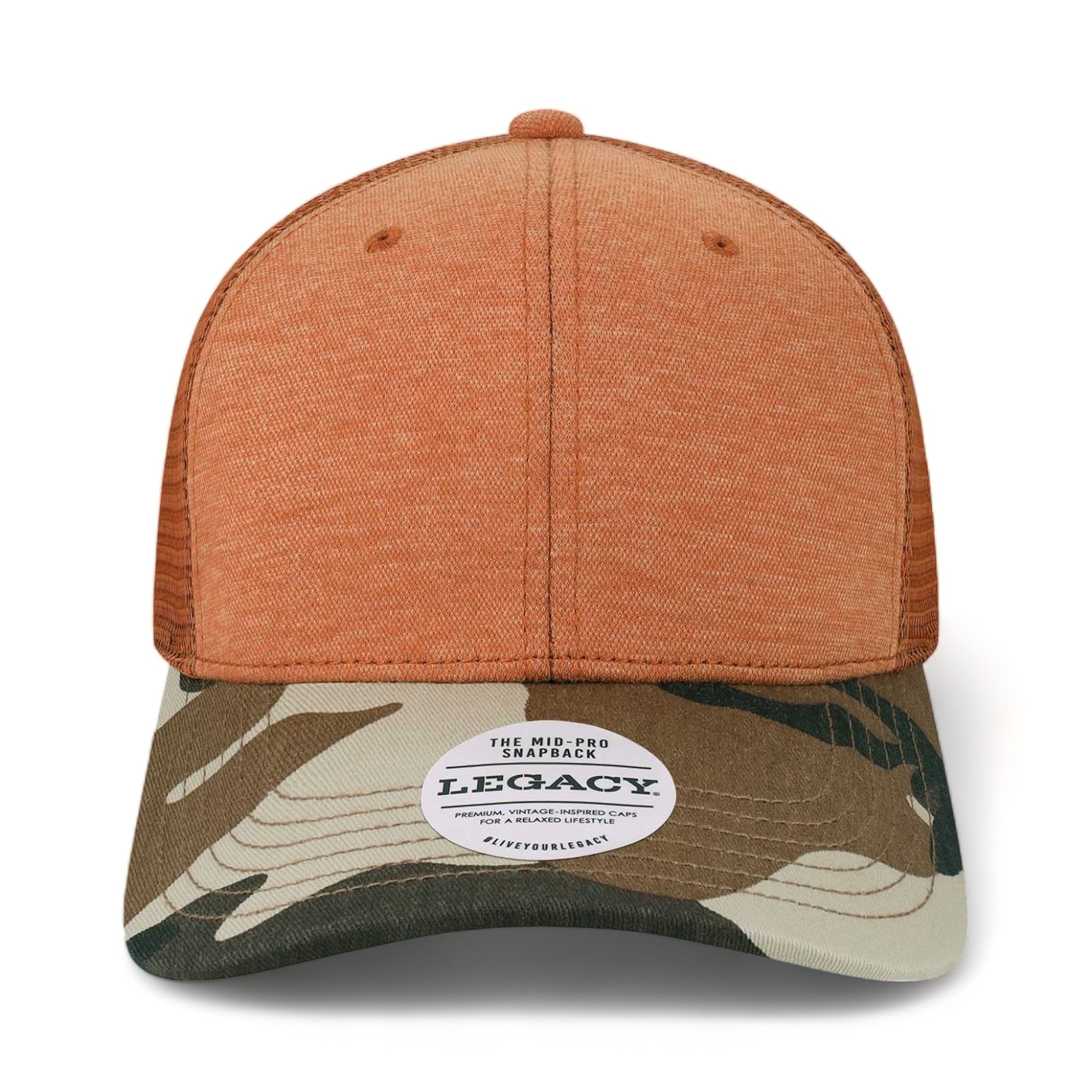 Front view of LEGACY MPS custom hat in saffron and camo