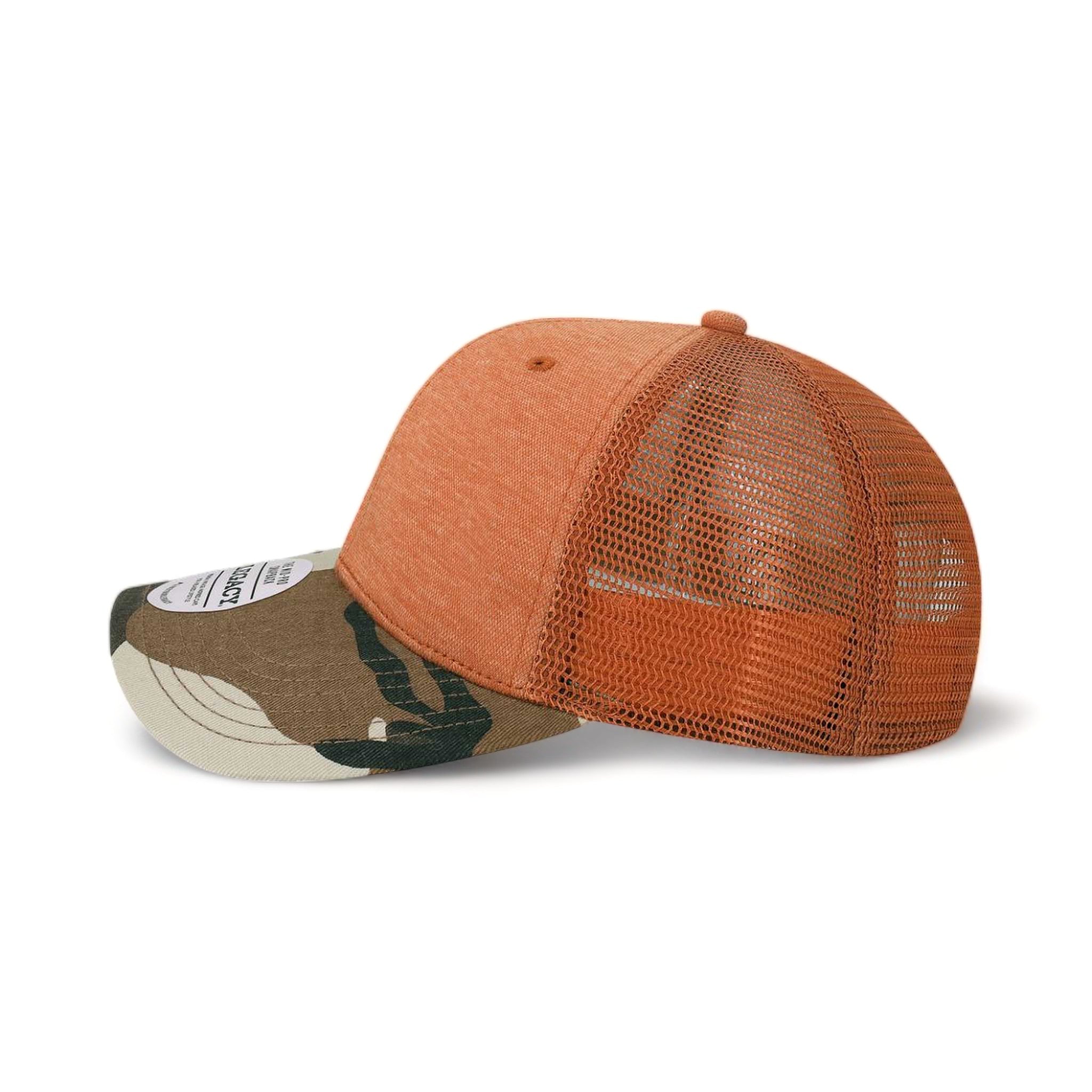Side view of LEGACY MPS custom hat in saffron and camo