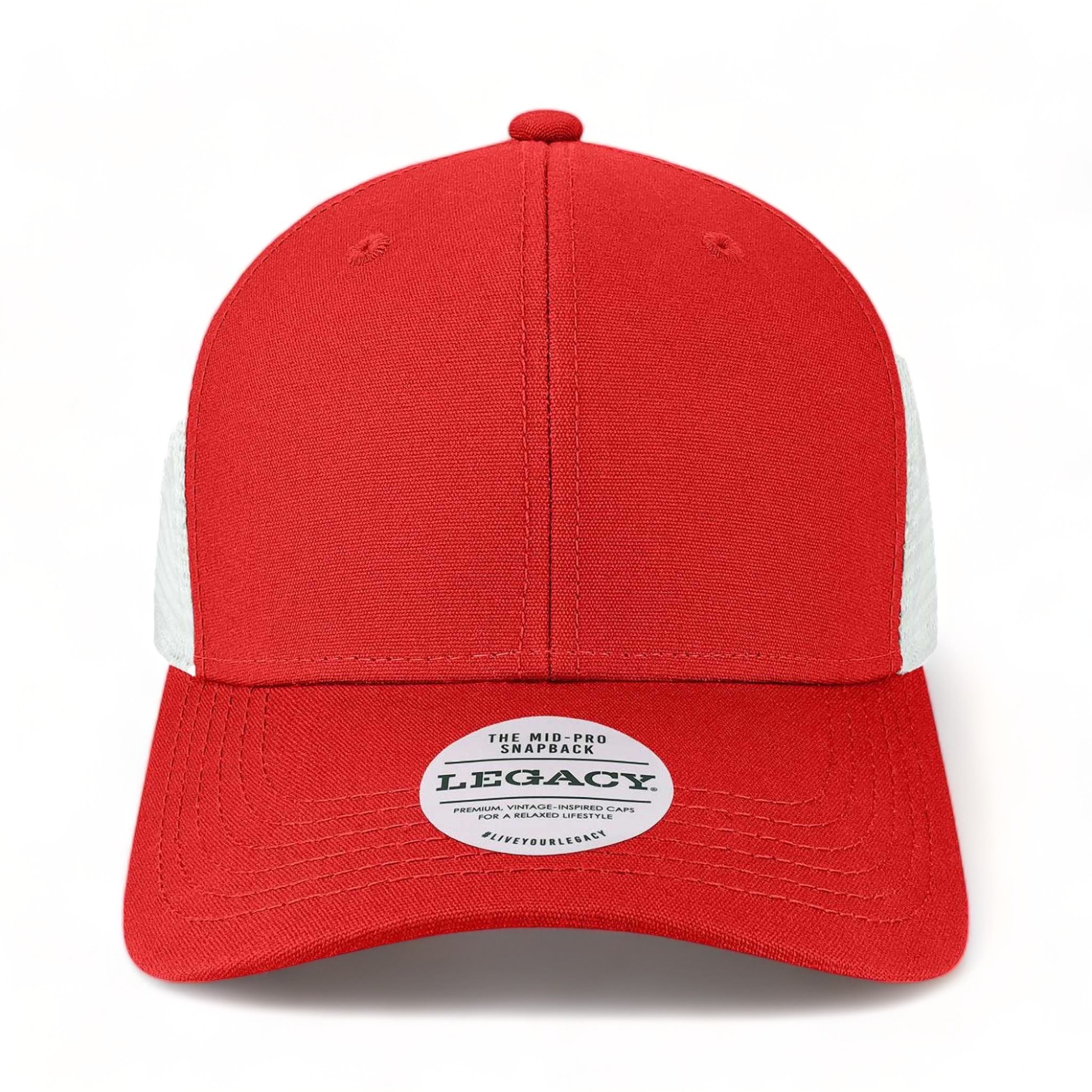Front view of LEGACY MPS custom hat in scarlet red and white