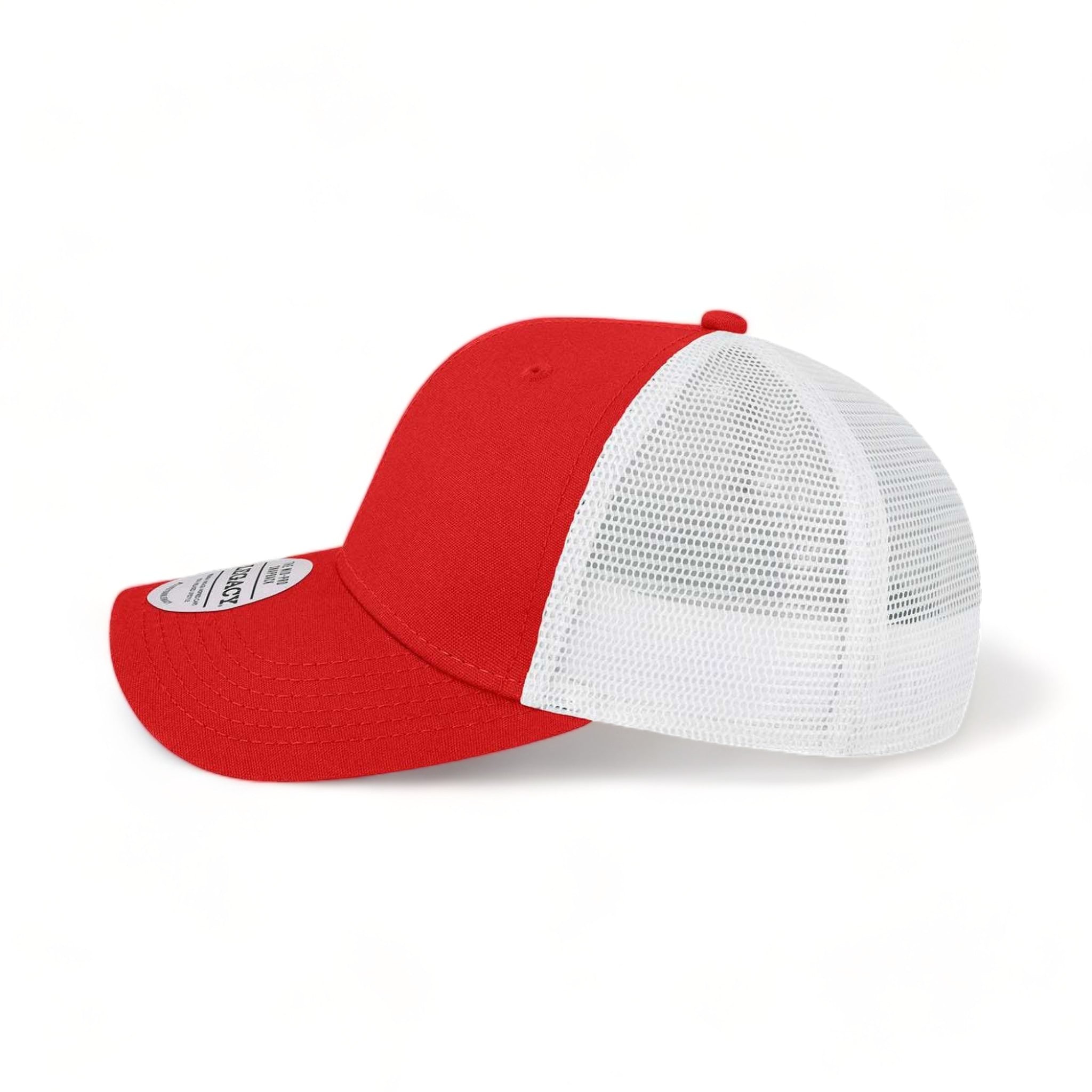 Side view of LEGACY MPS custom hat in scarlet red and white