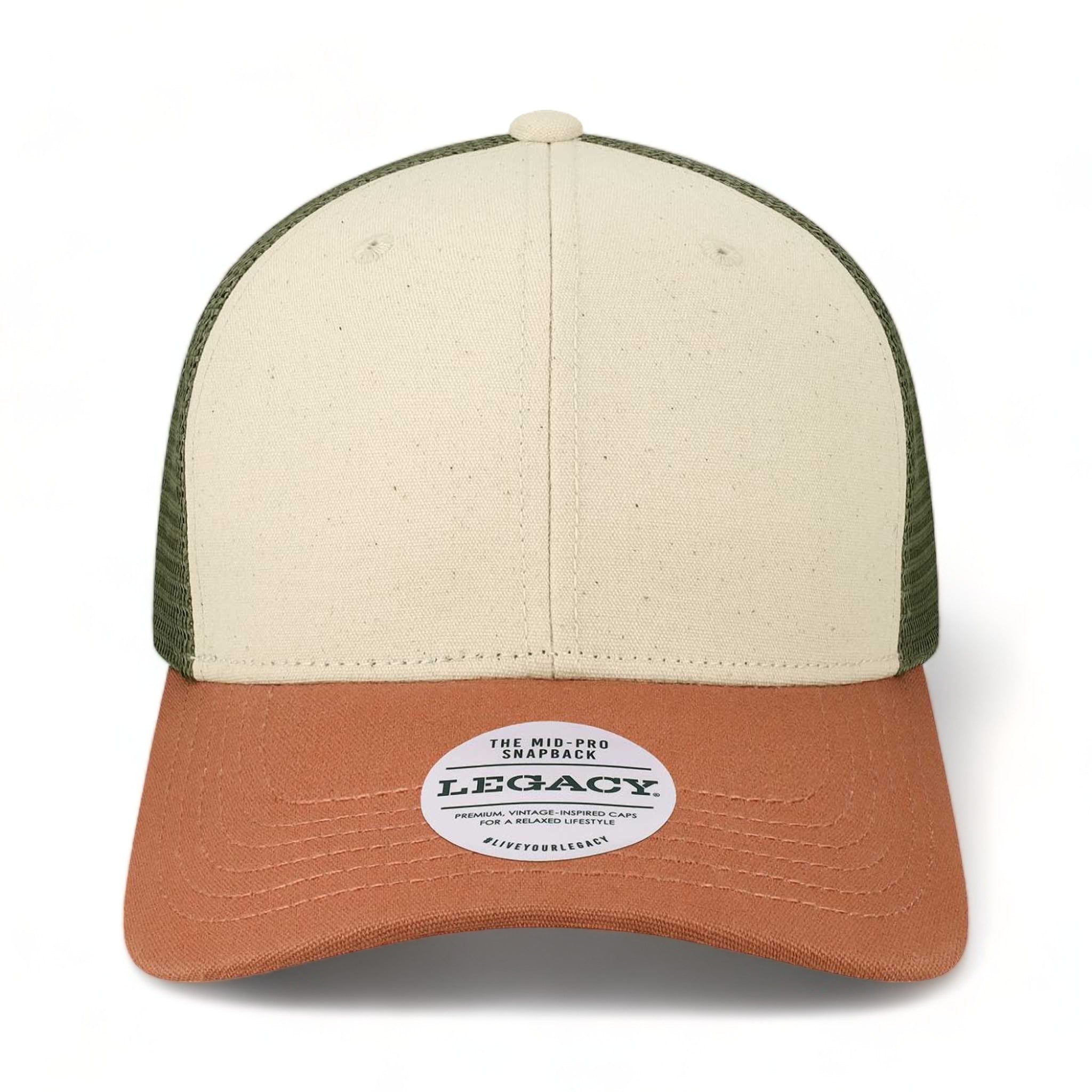 Front view of LEGACY MPS custom hat in stone, bronze and light olive green