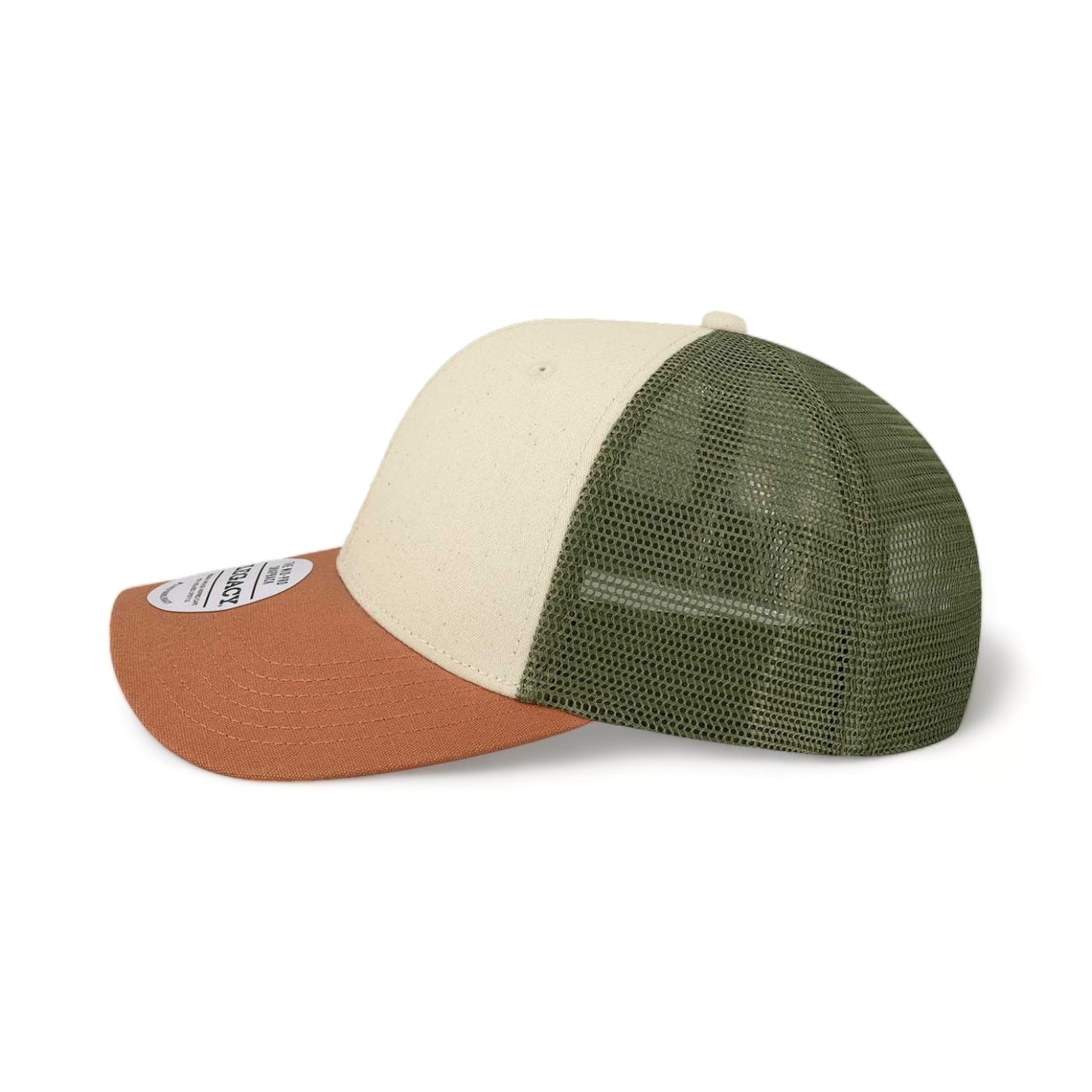 Side view of LEGACY MPS custom hat in stone, bronze and light olive green