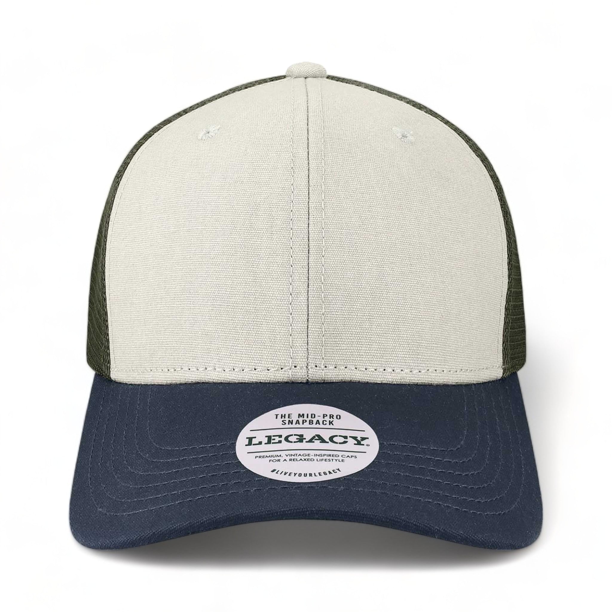 Front view of LEGACY MPS custom hat in tan, navy and olive green