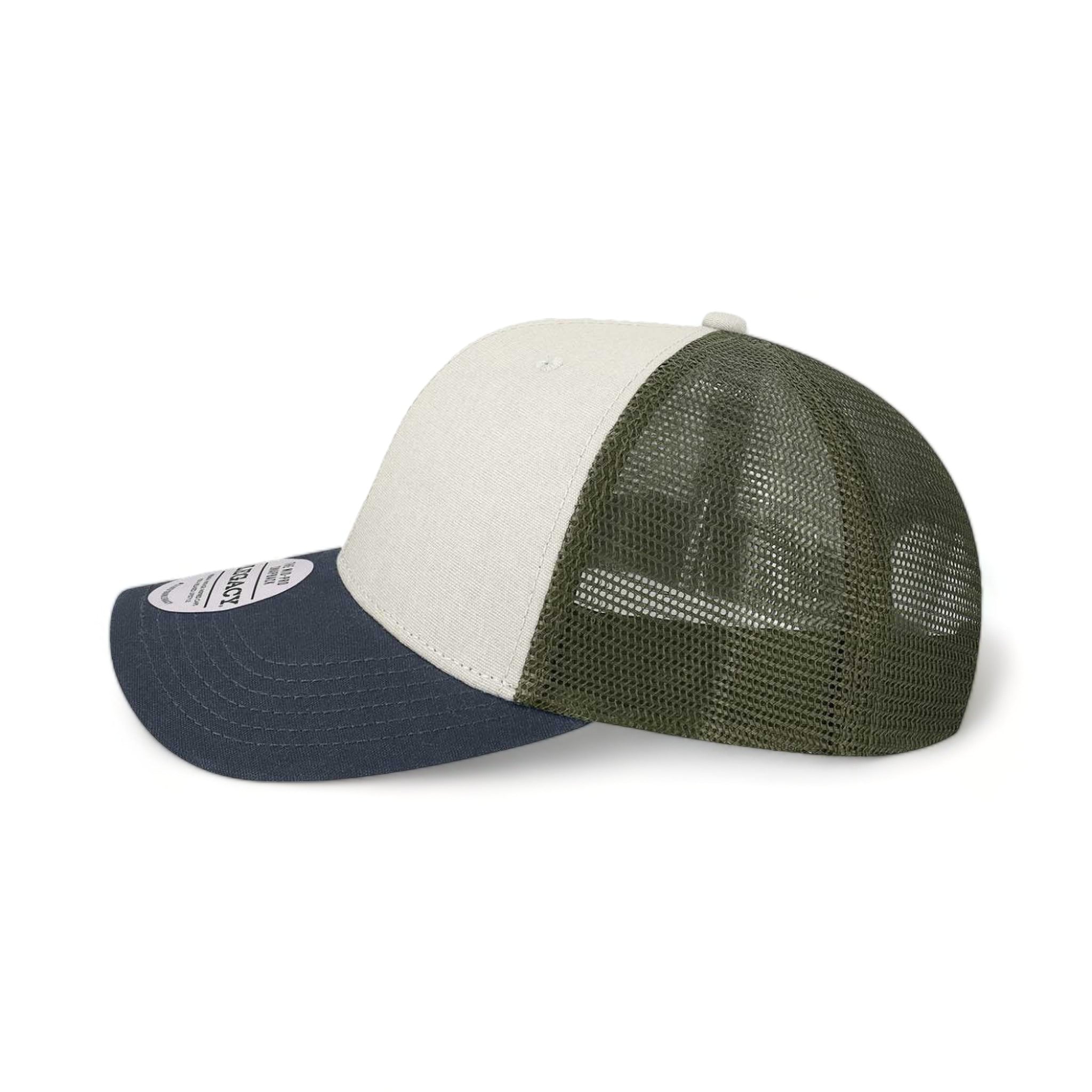 Side view of LEGACY MPS custom hat in tan, navy and olive green