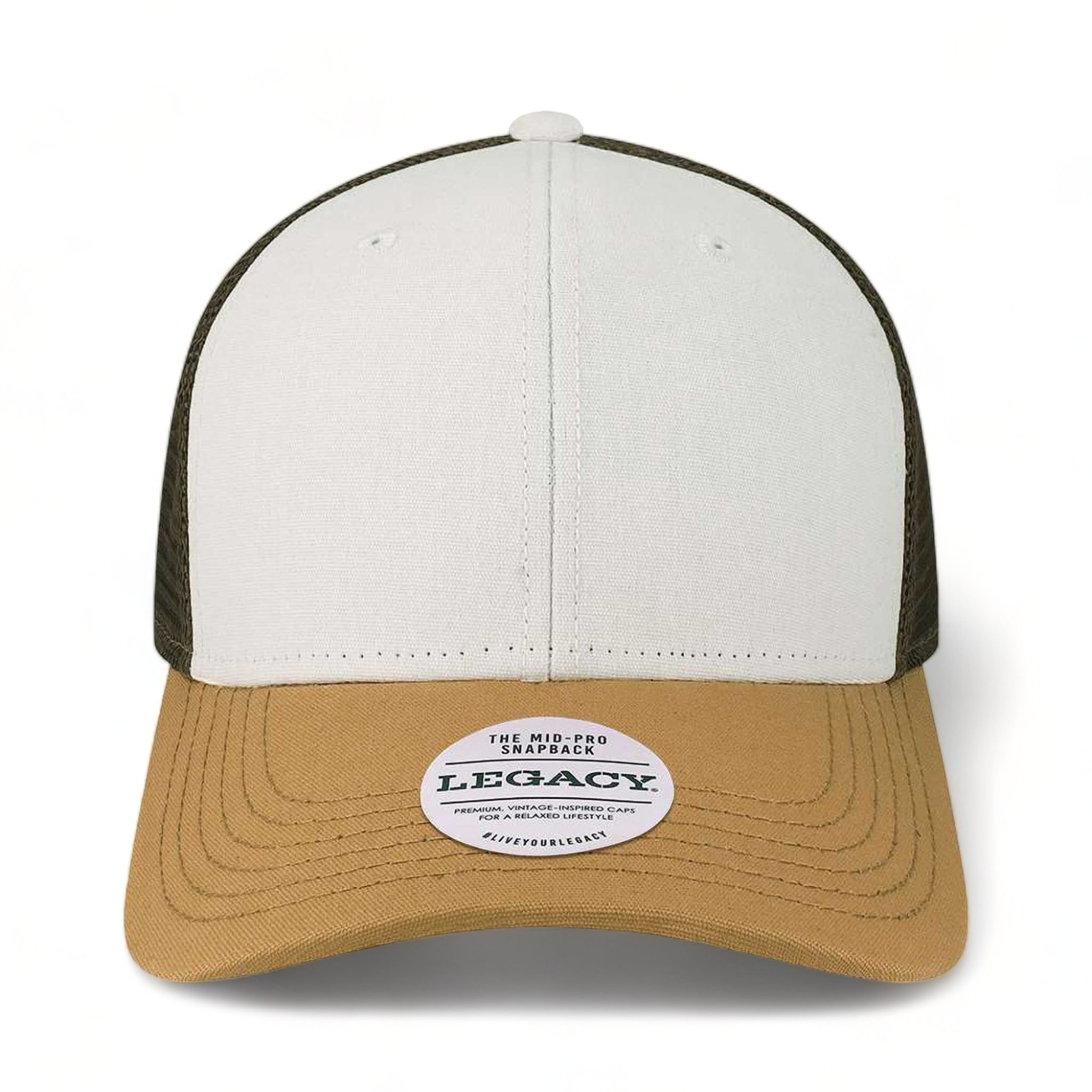 Front view of LEGACY MPS custom hat in white, caramel and brown