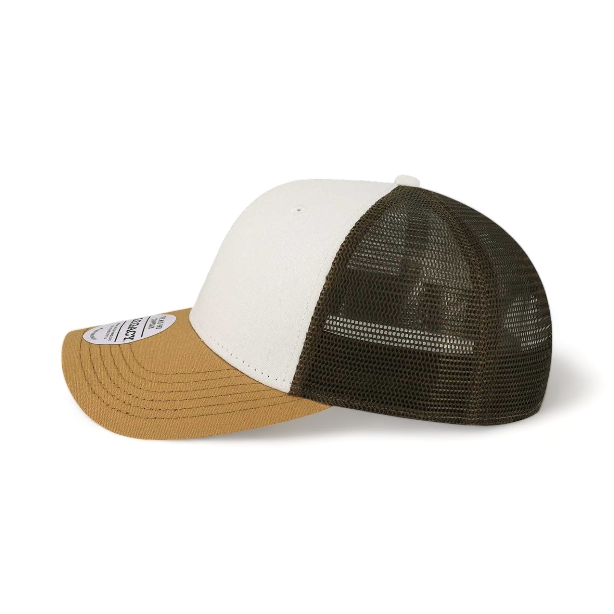 Side view of LEGACY MPS custom hat in white, caramel and brown