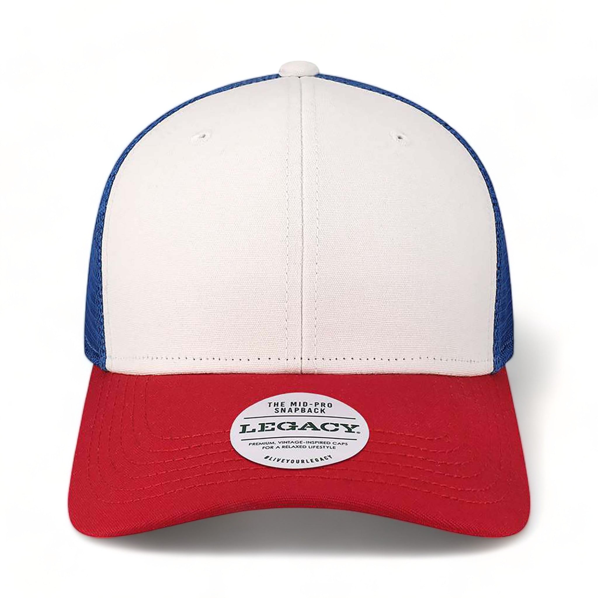 Front view of LEGACY MPS custom hat in white, red and royal