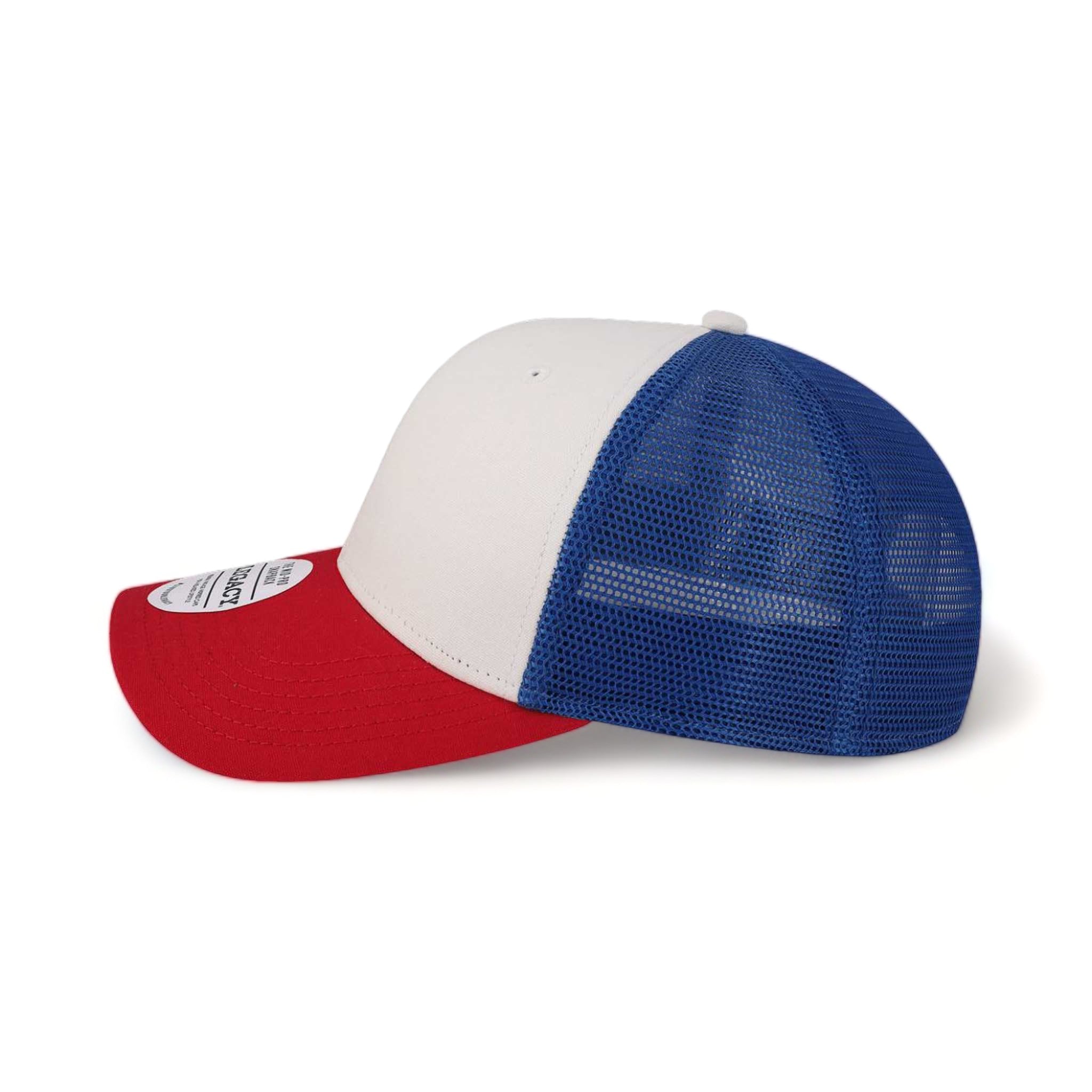 Side view of LEGACY MPS custom hat in white, red and royal