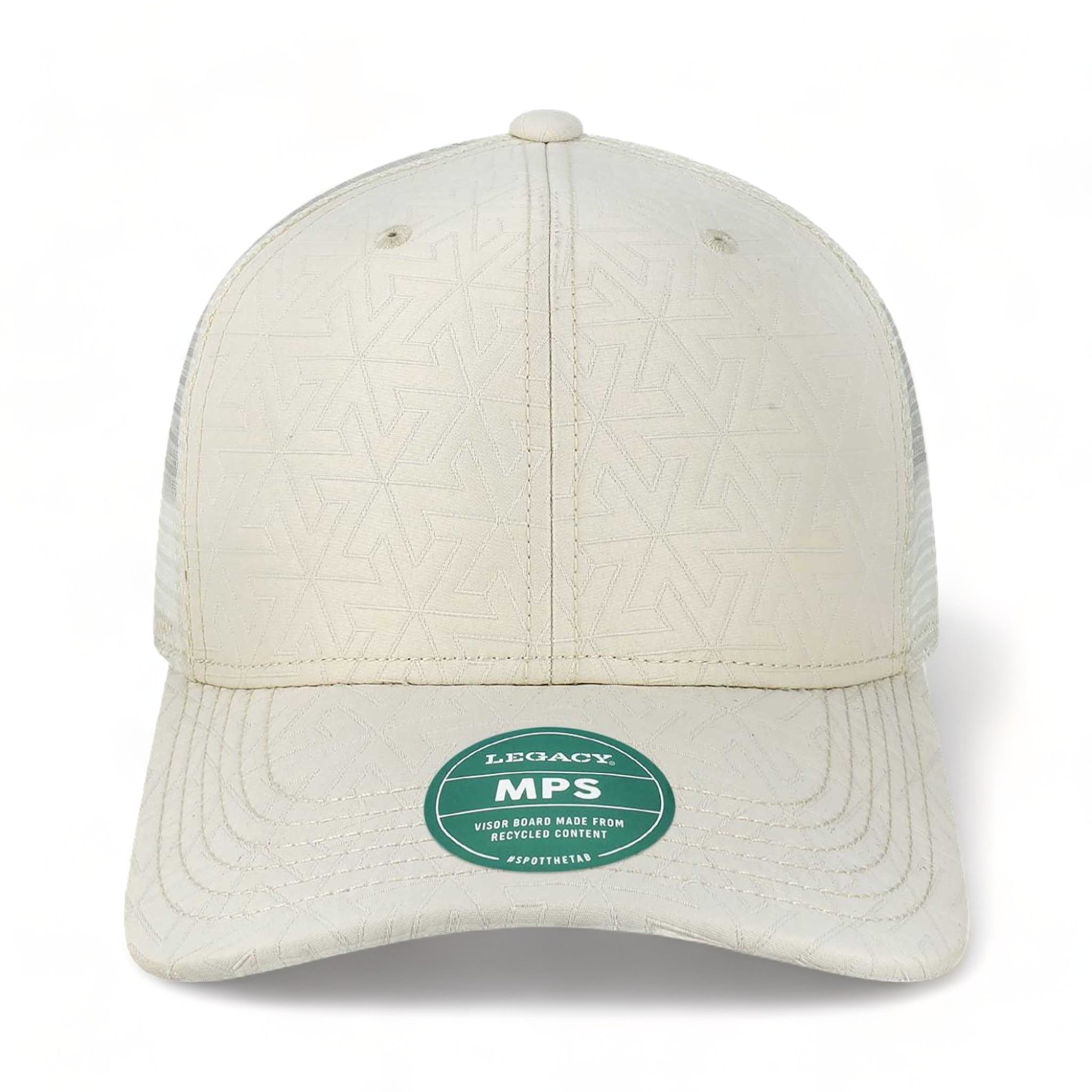 Front view of LEGACY MPS custom hat in white z - quilted