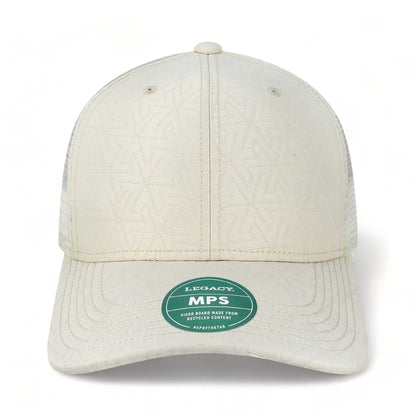 Front view of LEGACY MPS custom hat in white z - quilted