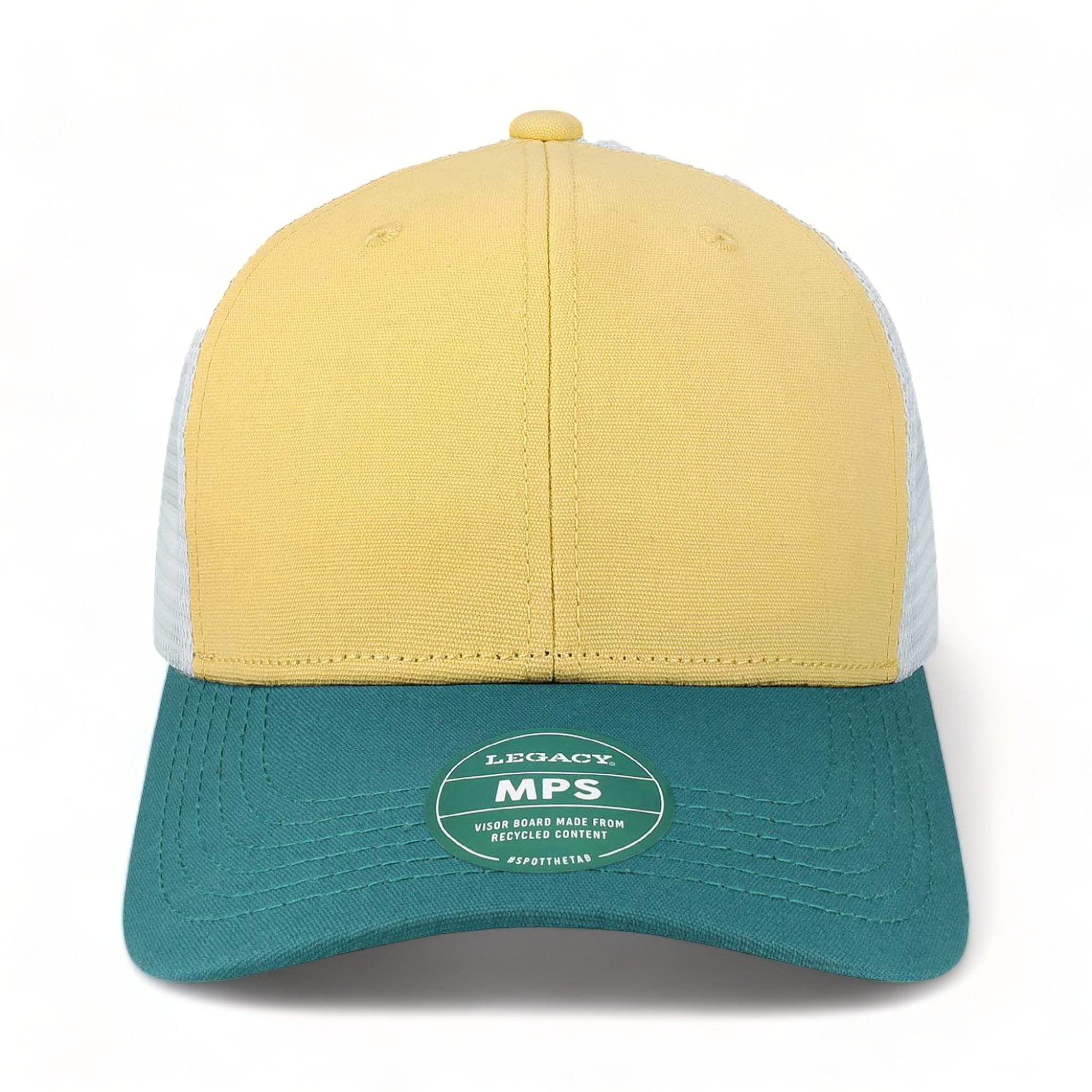 Front view of LEGACY MPS custom hat in yellow, marine and white