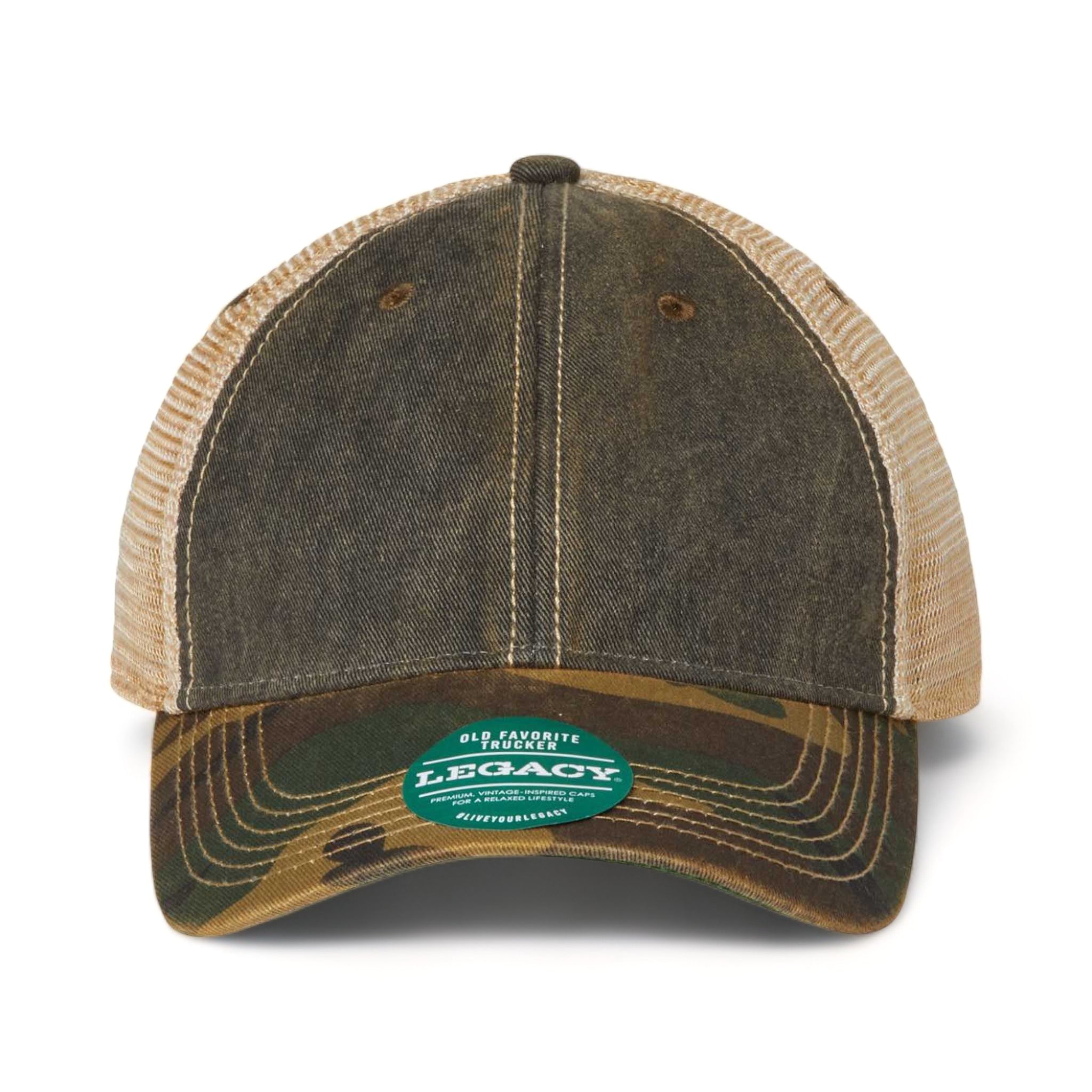 Front view of LEGACY OFA custom hat in black, army camo and khaki